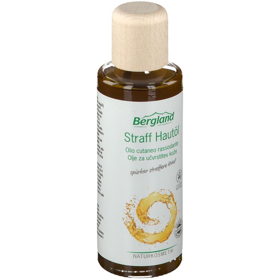 Flacon Bergland Straff Hautöl. Étiquette blanche avec nom du produit et logo. Bouchon couleur bois.