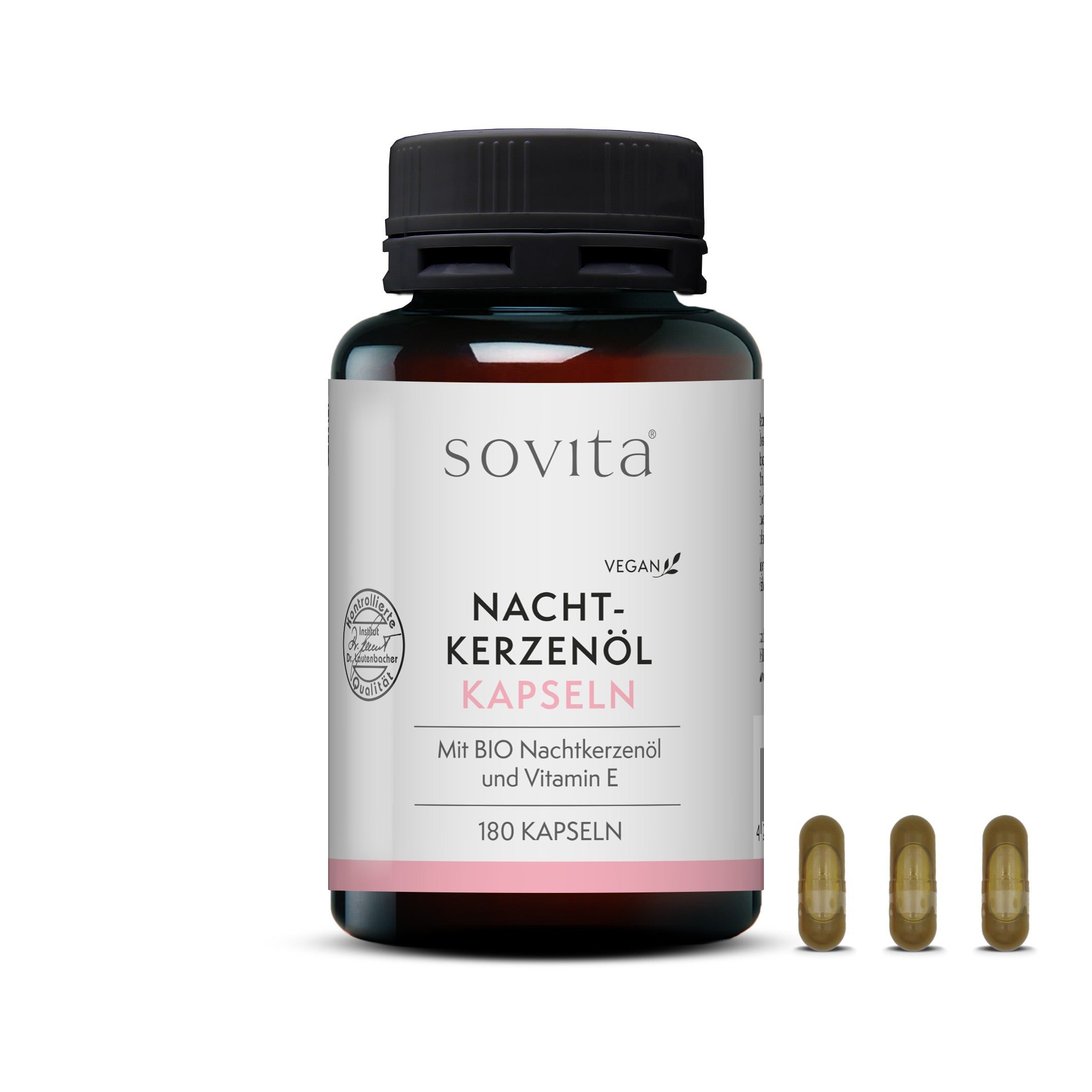 Flacon noir avec gélules brunes. Inscription : sovita, Capsules d'huile d'onagre, 180 gélules. 3 gélules à côté.