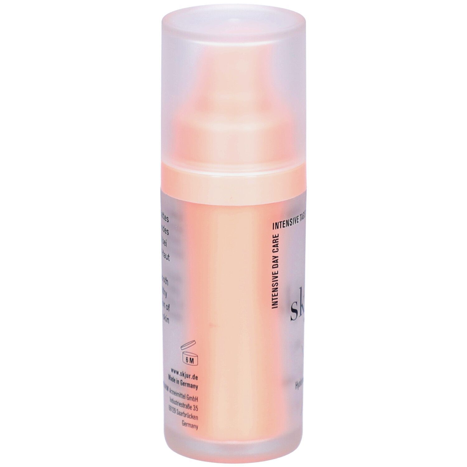 Distributeur de crème avec bouchon transparent. Inscription : skjur. Impression : Soin de jour intensif. Dos avec texte et logo.