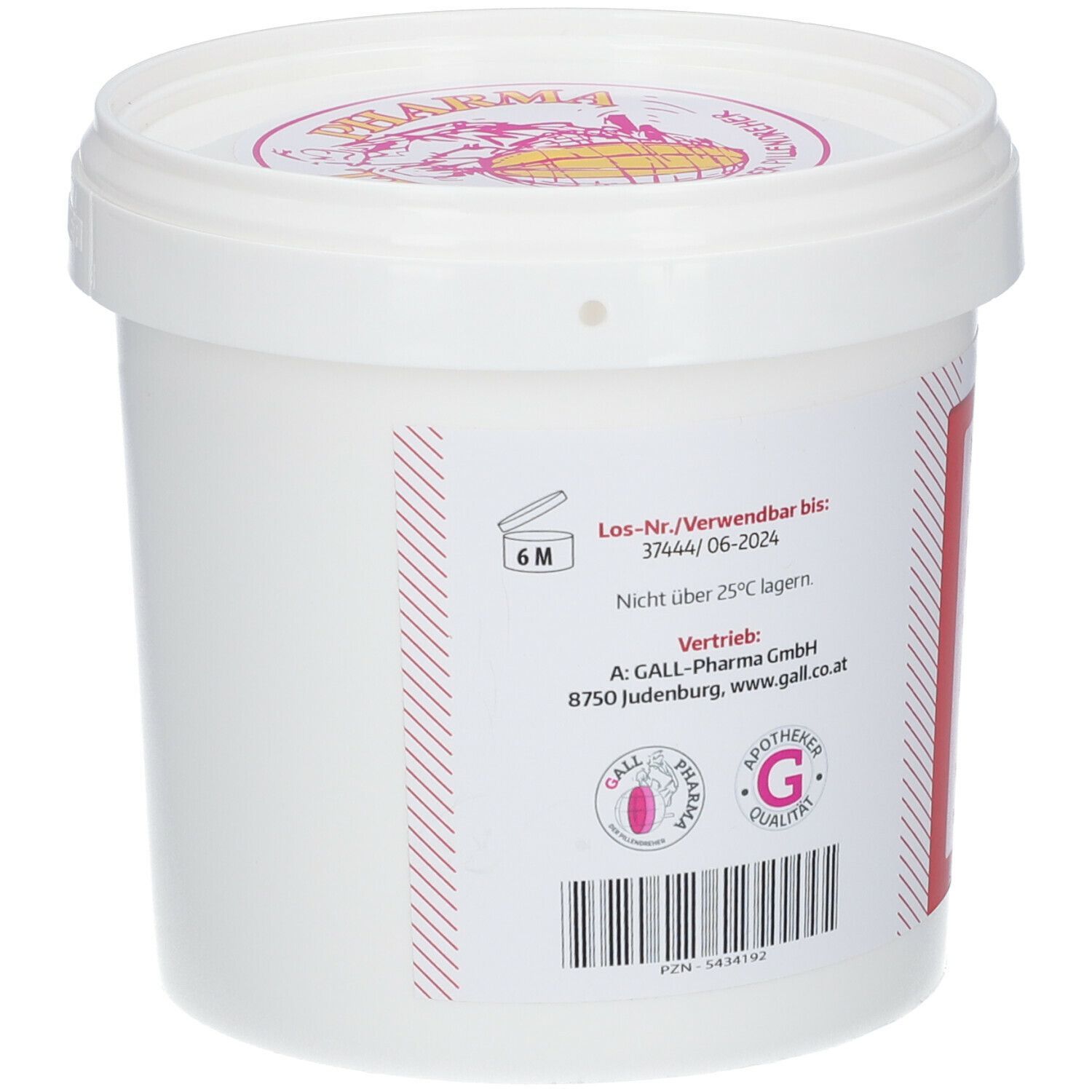 Weißer Tiegel mit Deckel. Rückseite mit Text und Logos. Haltbarkeitshinweis: 6M. Apotheken-Qualitätssiegel.