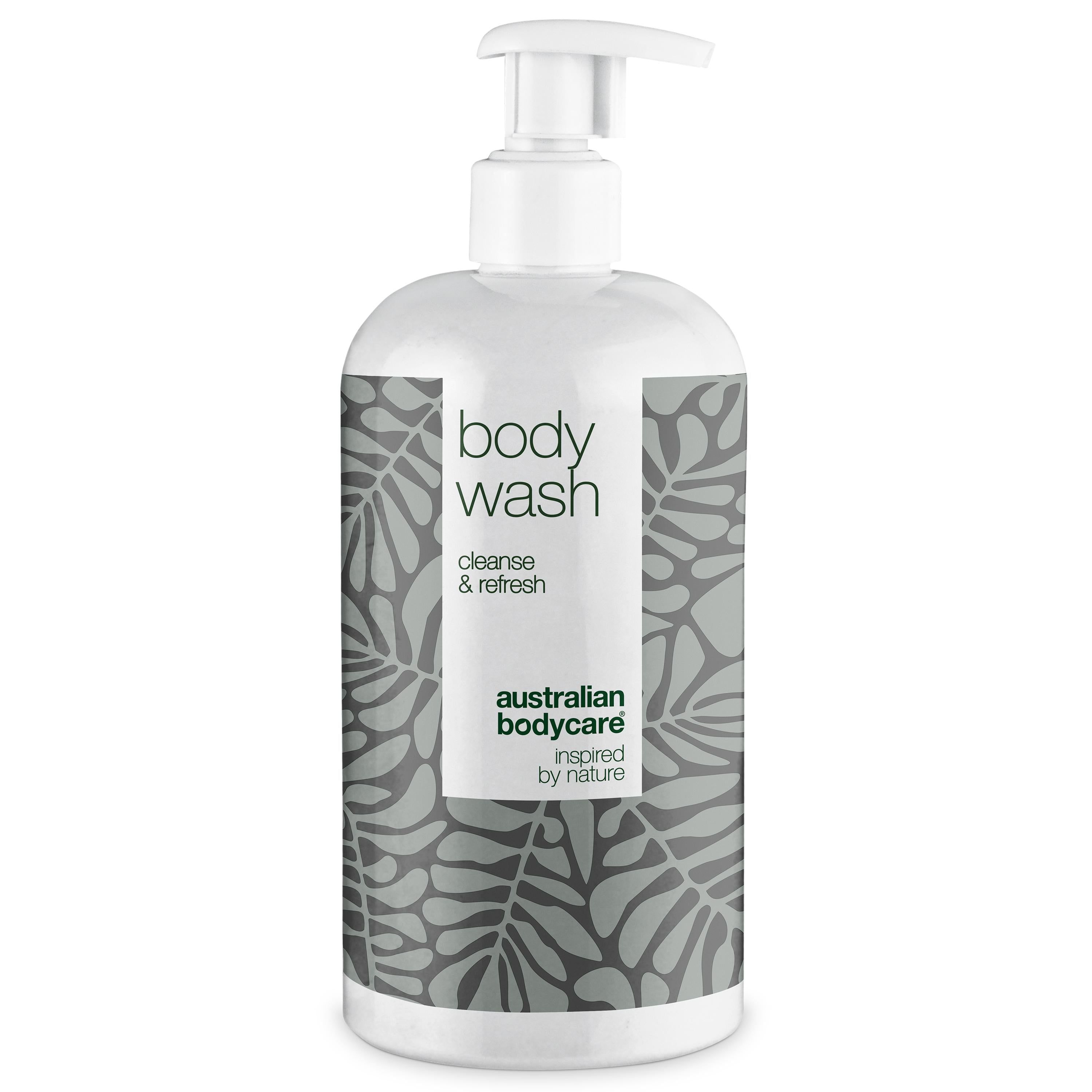 Flacon blanc avec pompe, motif feuilles et texte « body wash ». Logo « Australian Bodycare ».
