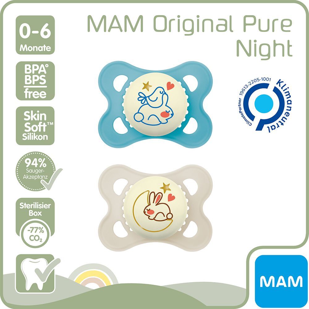 MAM Original Pure Night Silicone Tétines 0-6 garçon (couleur au choix)
