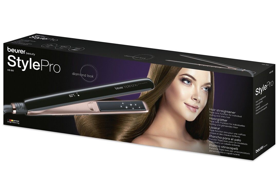 Emballage de la marque Beurer. Impression: HS 80 StylePro, fer à lisser. Image d'une femme aux cheveux lisses.