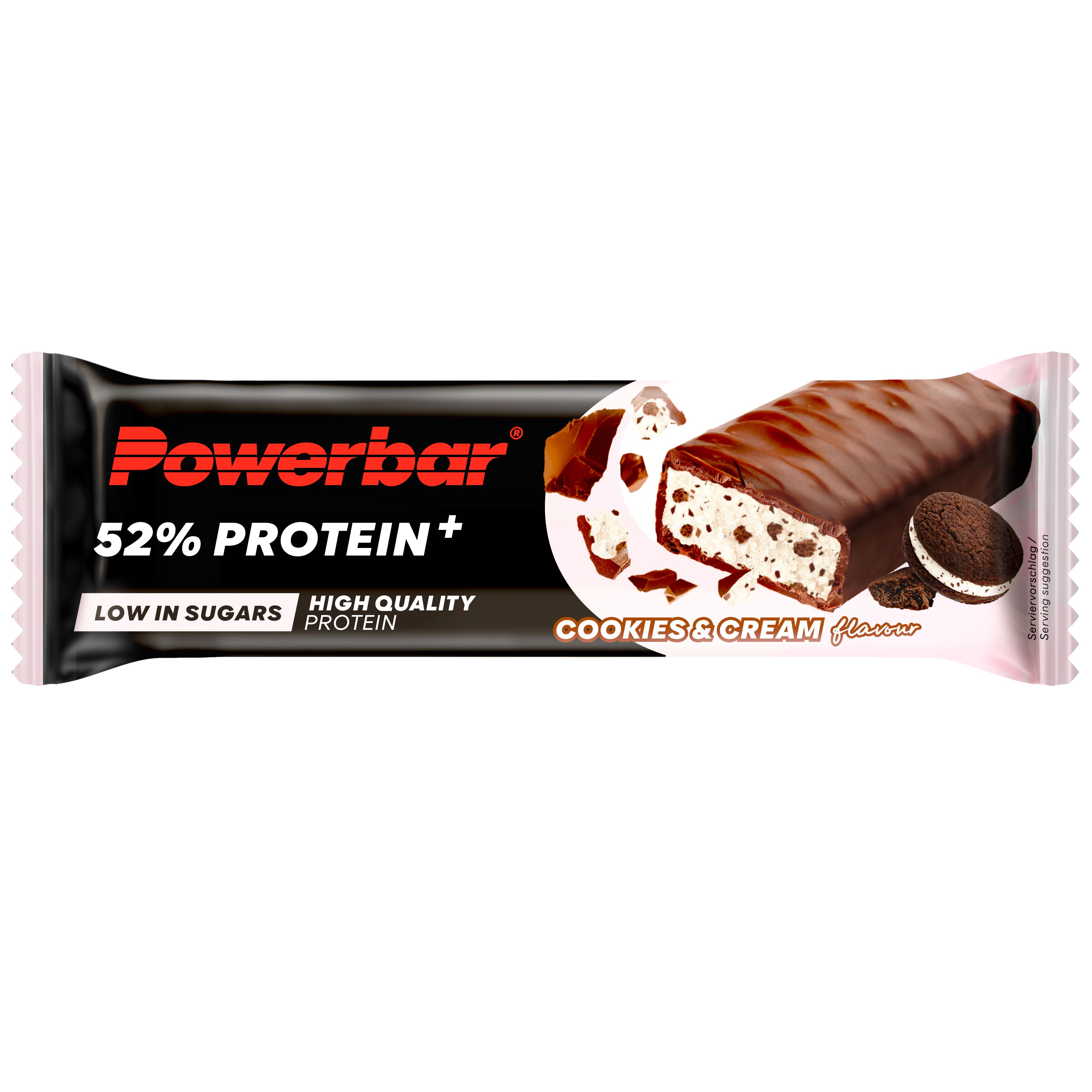 Powerbar Protein+ Riegel, Cookies & Cream. Schwarze Verpackung mit Produktabbildung. Aufschrift: 52% Protein+, Low in Sugars.