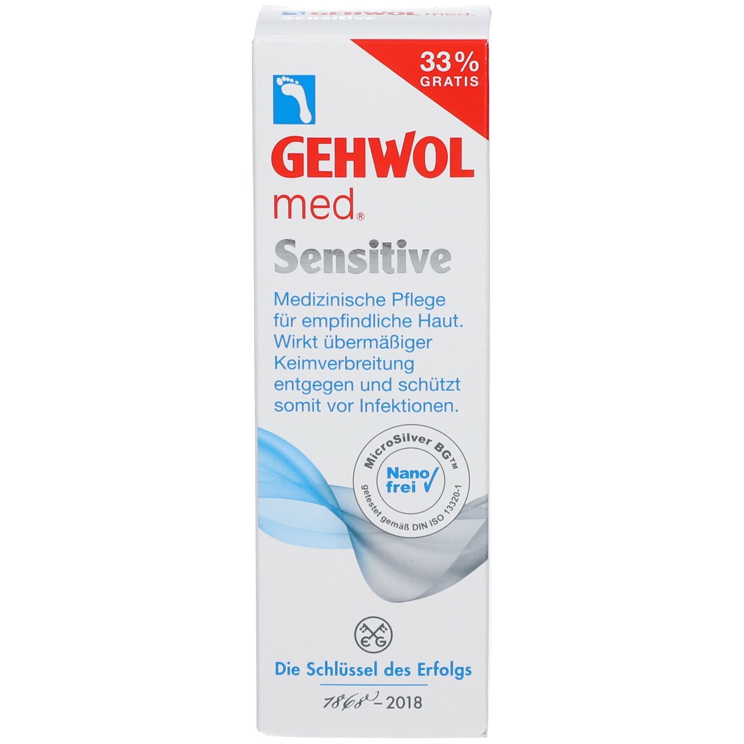 GEHWOL med Sensitive Crème. Boîte. Blanc, bleu, rouge. Texte : Sensitive, MicroSilver BG, sans nano, 33% gratuit.