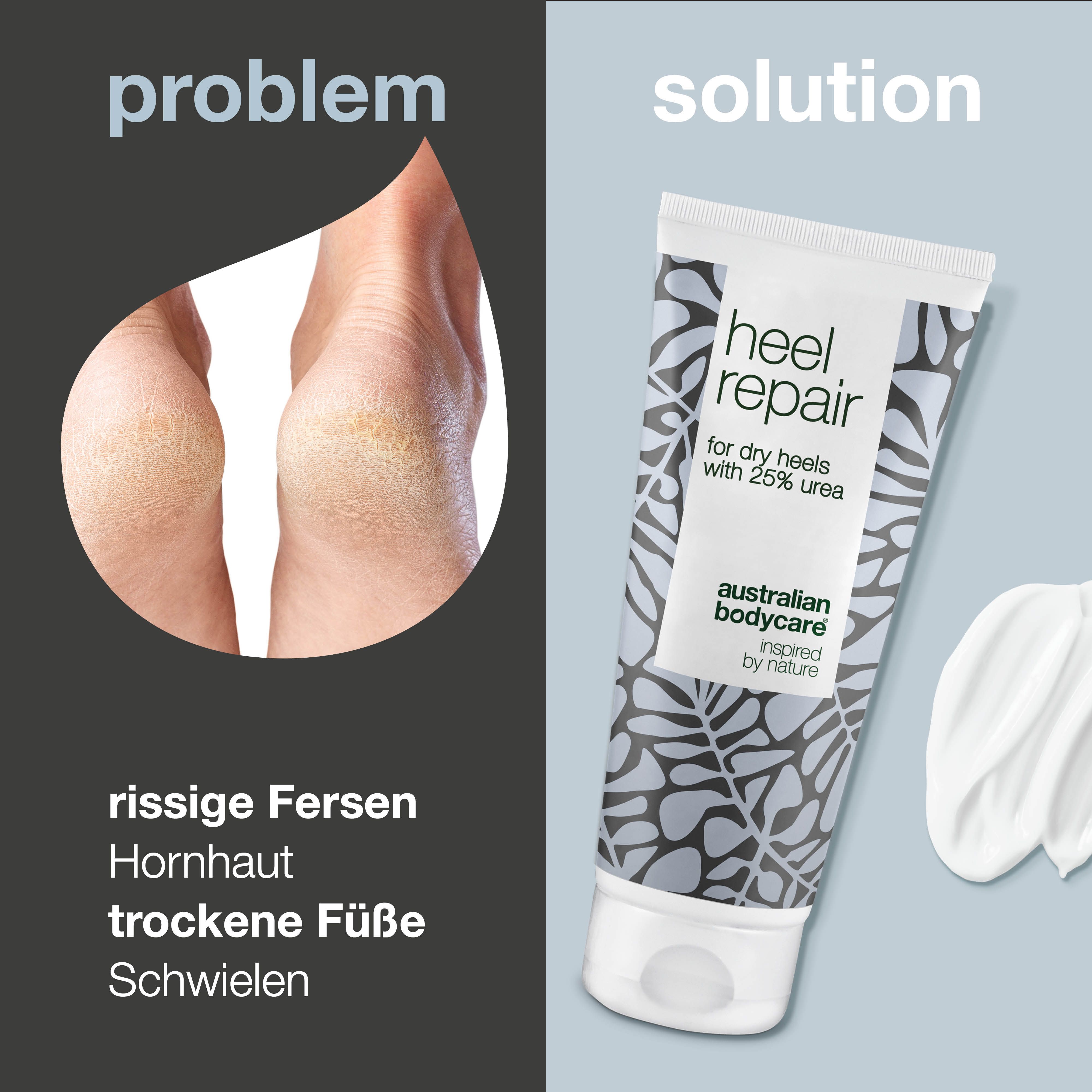Problem: rissige Fersen. Lösung: Creme-Tube, Heel Repair, für trockene Fersen, 25% Urea. Marke: Australian Bodycare. Creme.