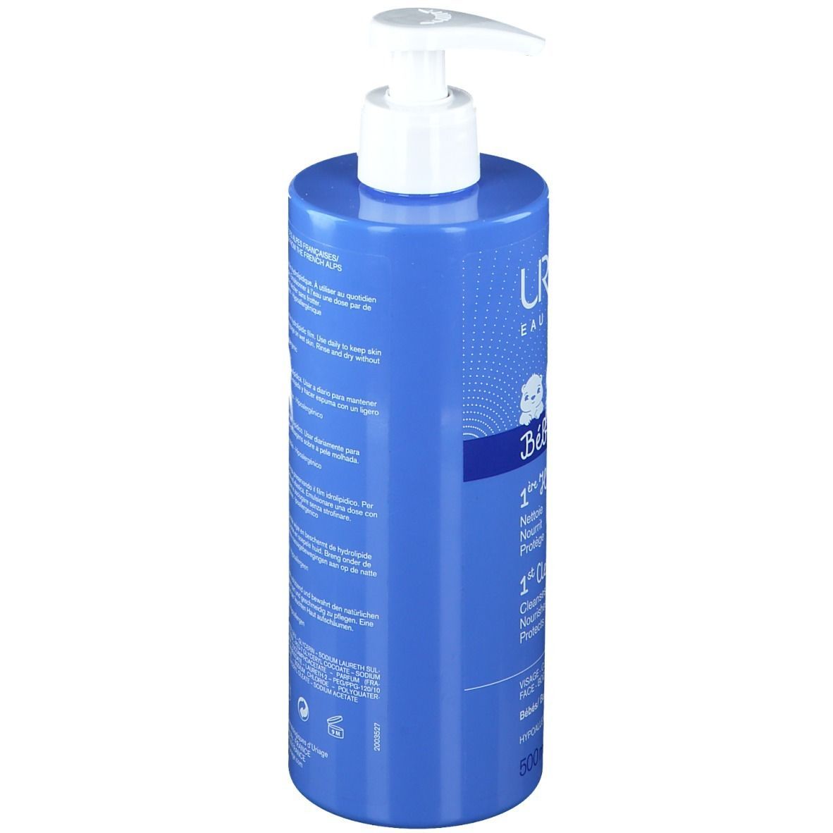 Blaue Flasche mit weißem Pumpverschluss. Rückseite mit Text in mehreren Sprachen. Enthält Thermalwasser aus den französischen Alpen.