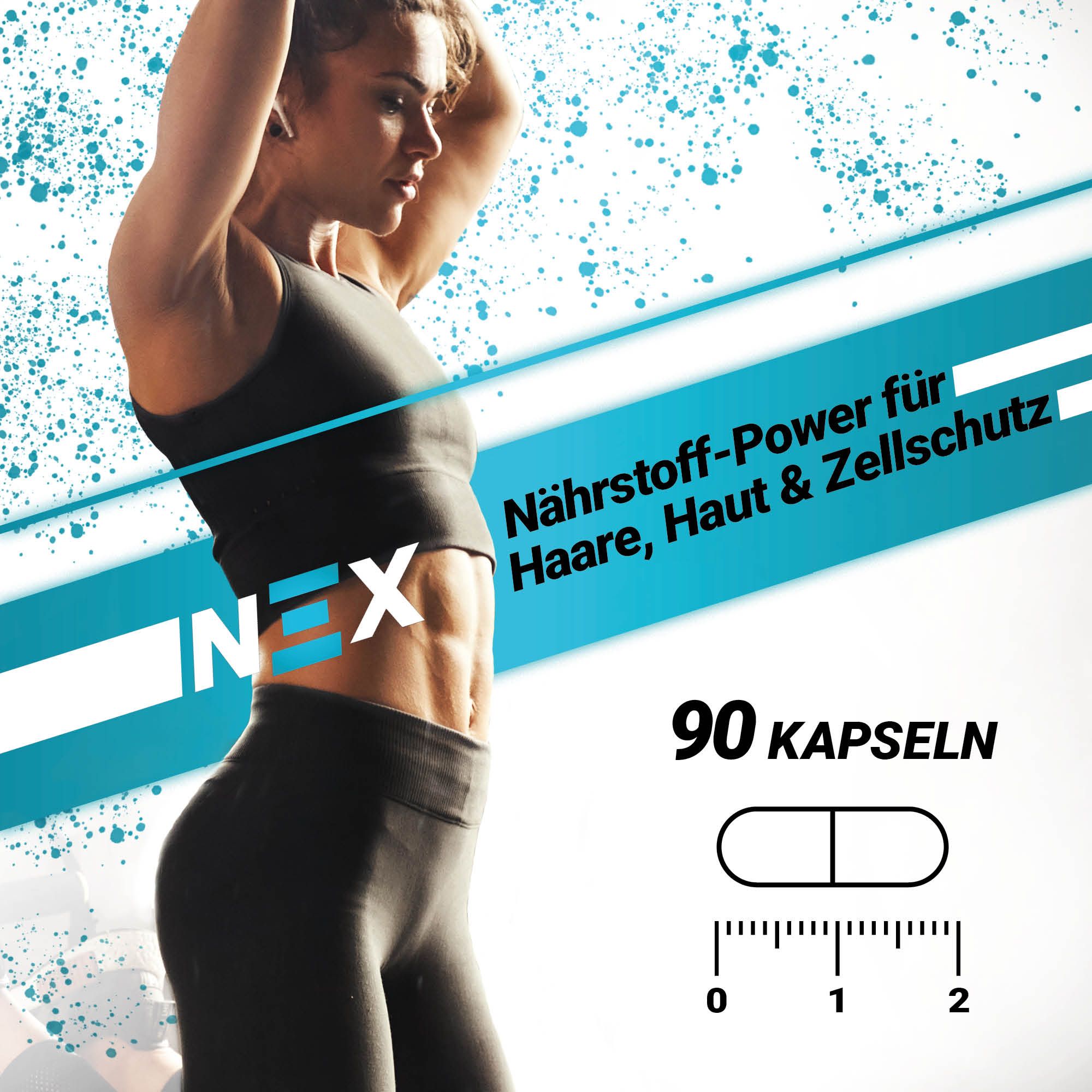 Frau in Sportkleidung. Text: Nährstoff-Power für Haare, Haut & Zellschutz. 90 Kapseln. Kapsel-Symbol mit Maßstab.