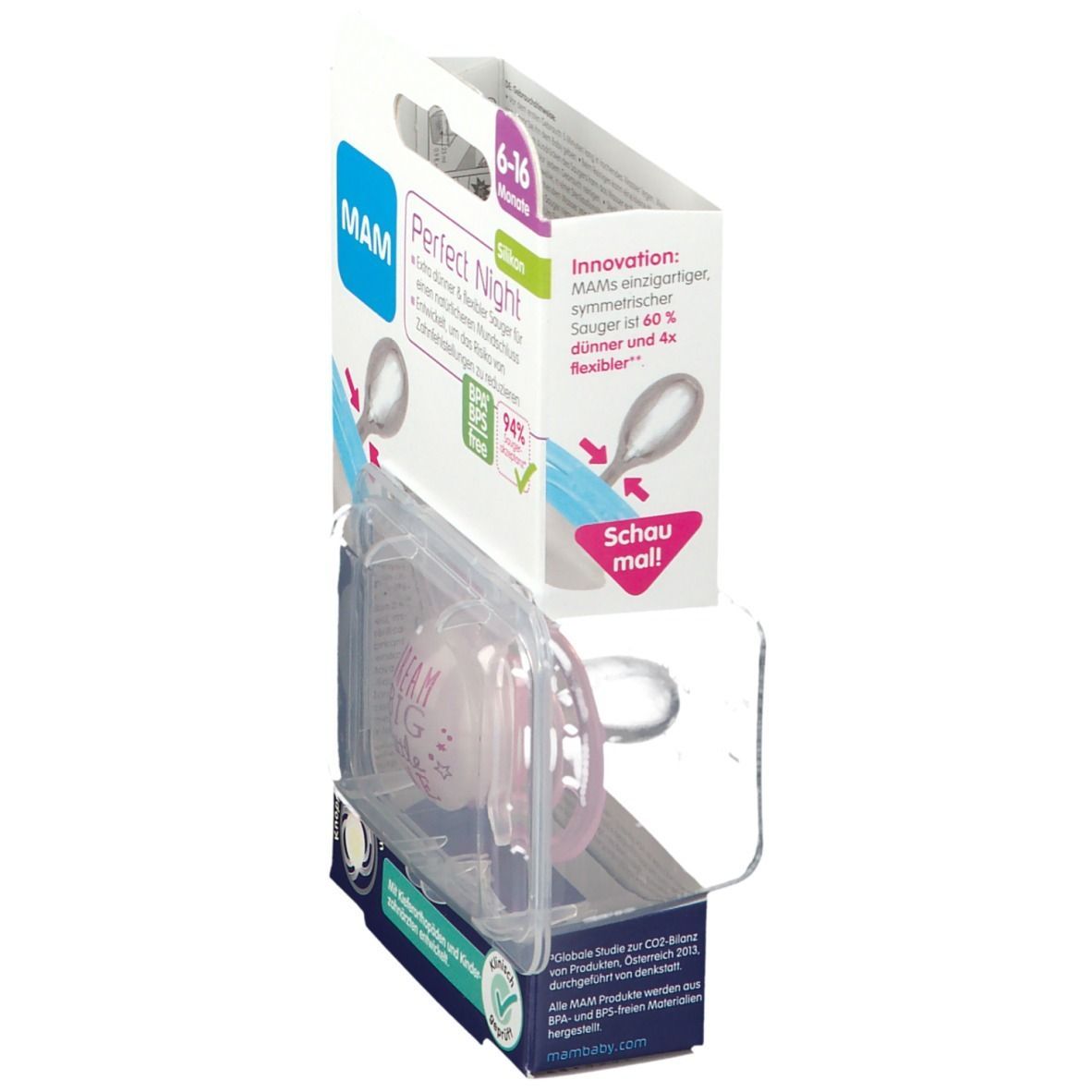 Schnuller in Verpackung. Rosa Sauger, transparente Halterung. Verpackung mit Produktname, Altersempfehlung und Logo.