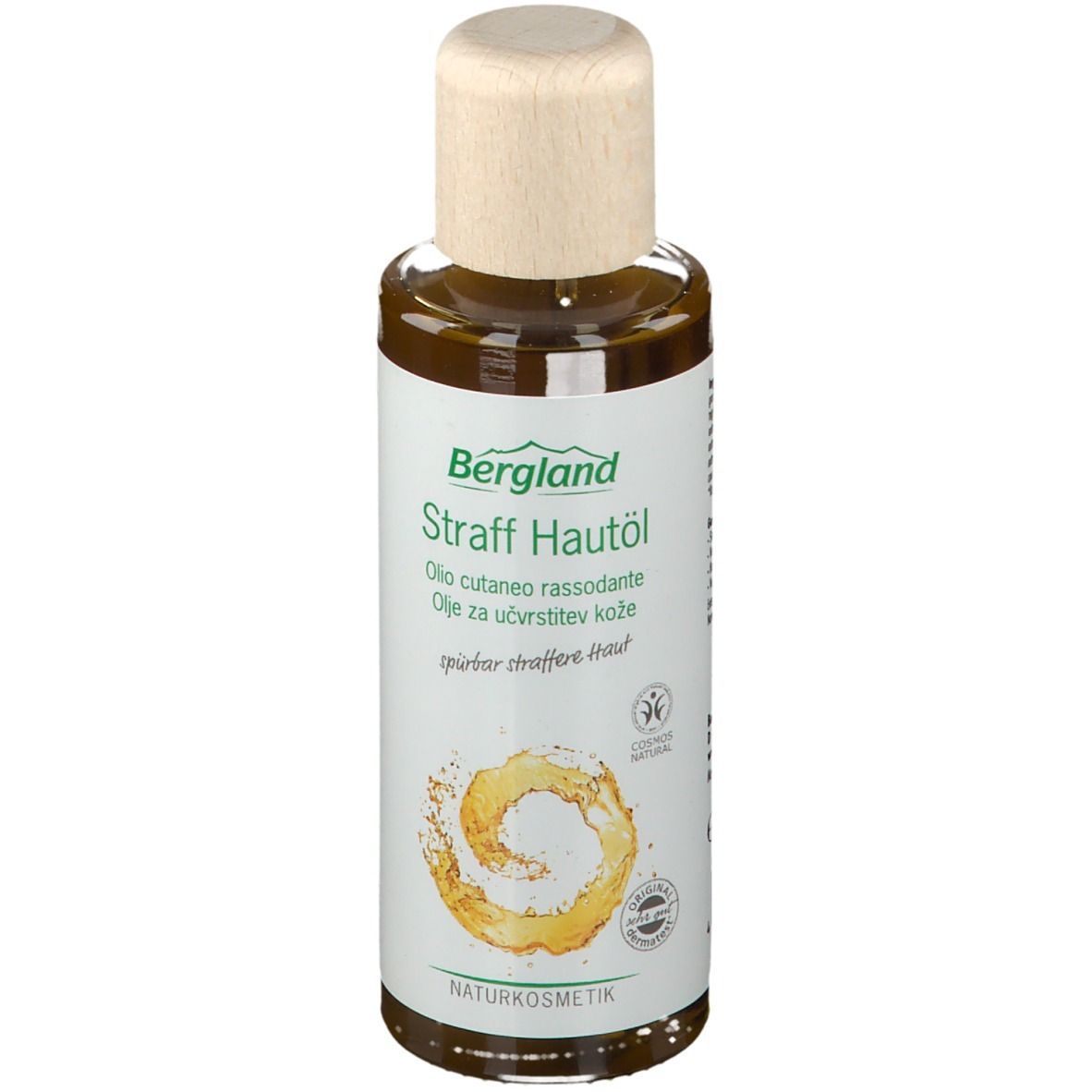 Flacon Bergland Straff Hautöl. Étiquette blanche avec nom du produit et logo. Bouchon couleur bois.