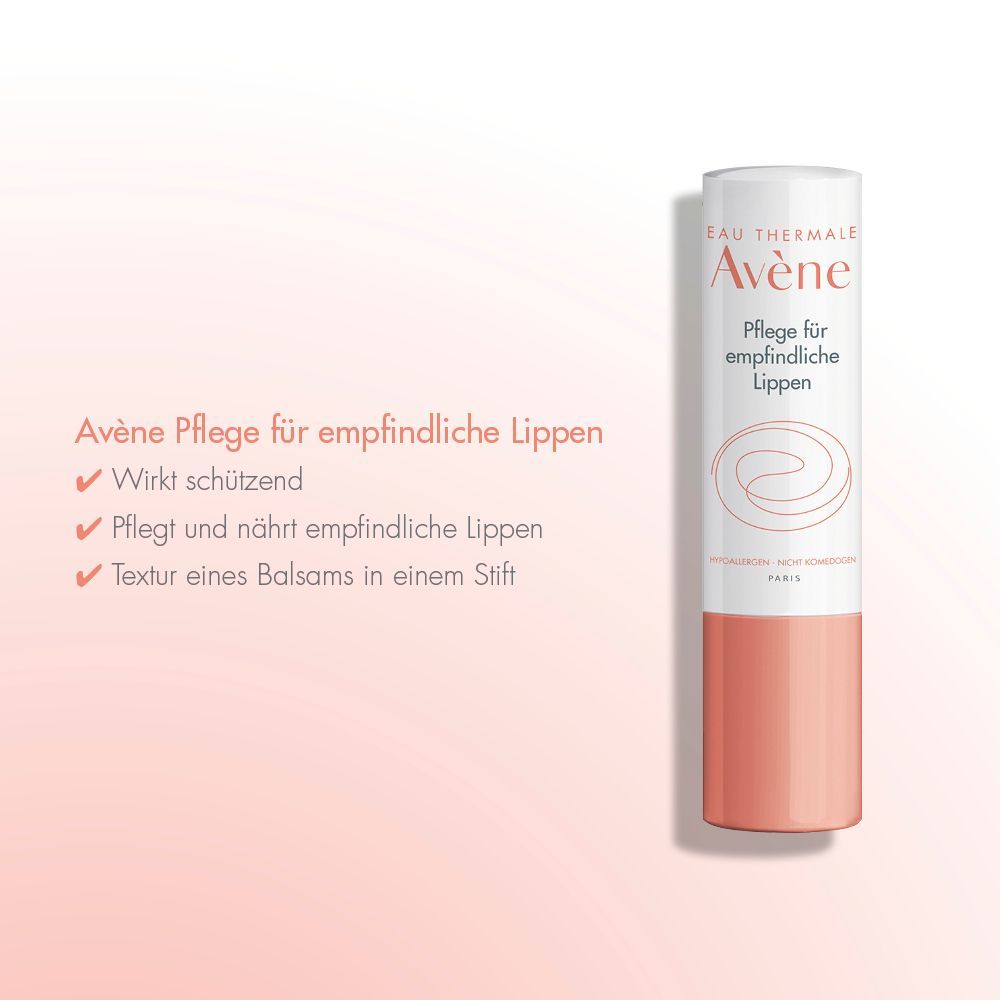 Avène Lippenpflegestift. Weiß-rosa Hülle, Text mit Produktinformationen. Aufschrift: Pflege für empfindliche Lippen.