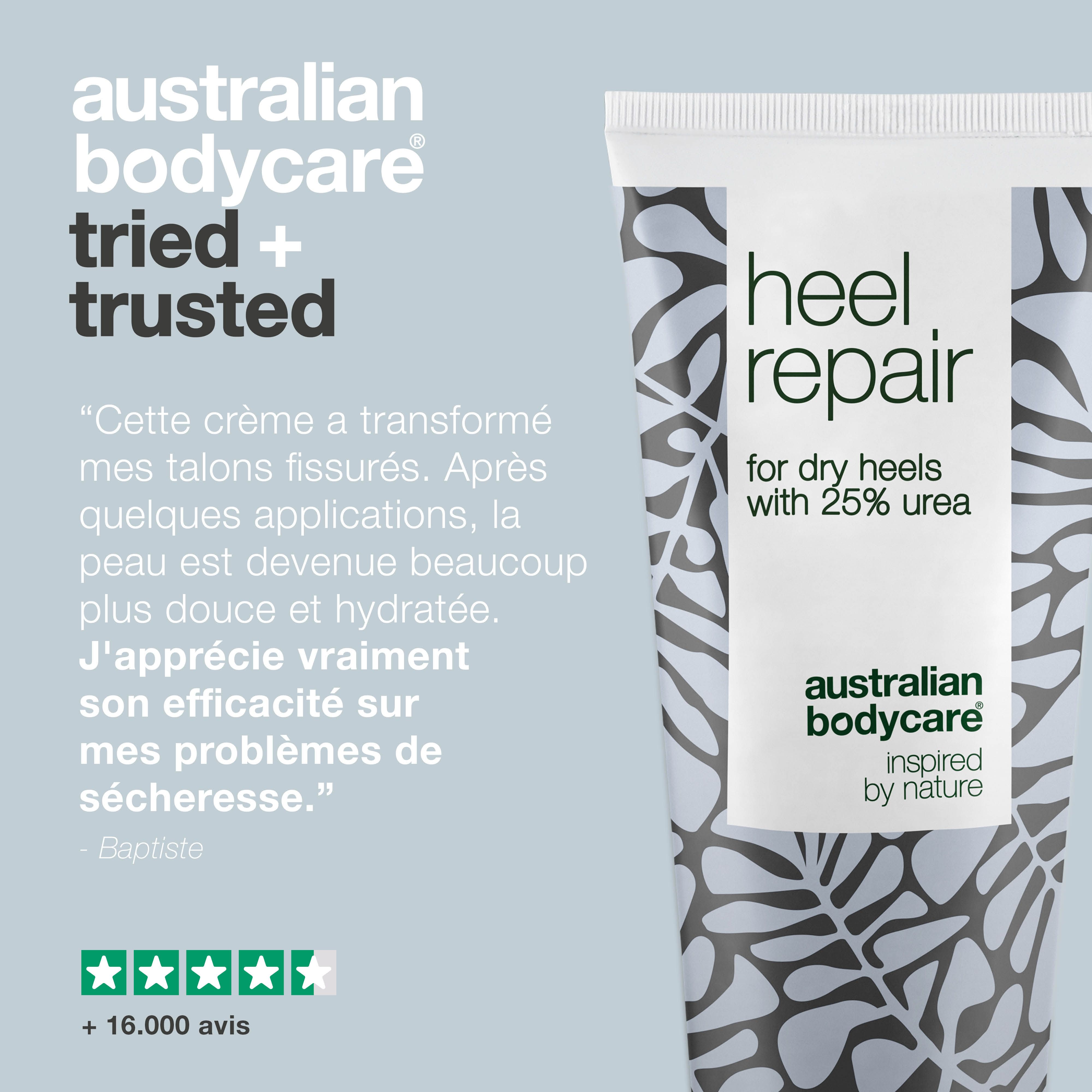 Tube de crème: Heel Repair, pour talons secs, 25% urée. Marque: Australian Bodycare. Texte: Tried + Trusted. Évaluation étoiles.
