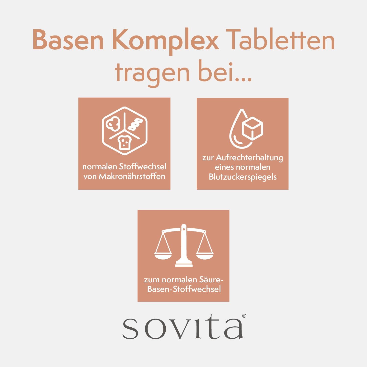 Drei Symbole mit Text: normaler Stoffwechsel, Blutzuckerspiegel, Säure-Basen-Stoffwechsel. Logo: sovita.