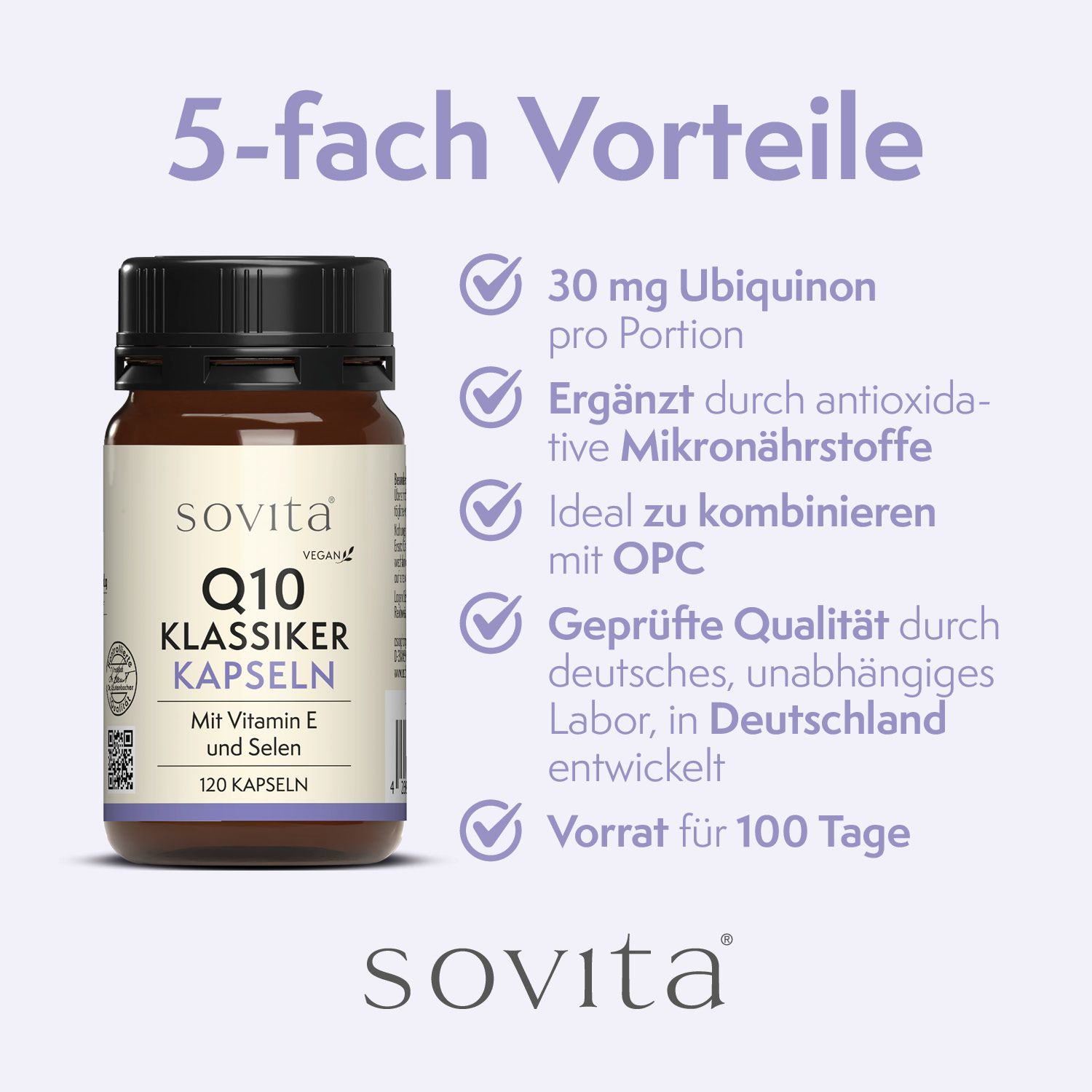 Flacon en verre brun avec bouchon noir. Étiquette avec informations produit. Texte: Q10 Klassiker Kapseln, 120 gélules. Vegan.