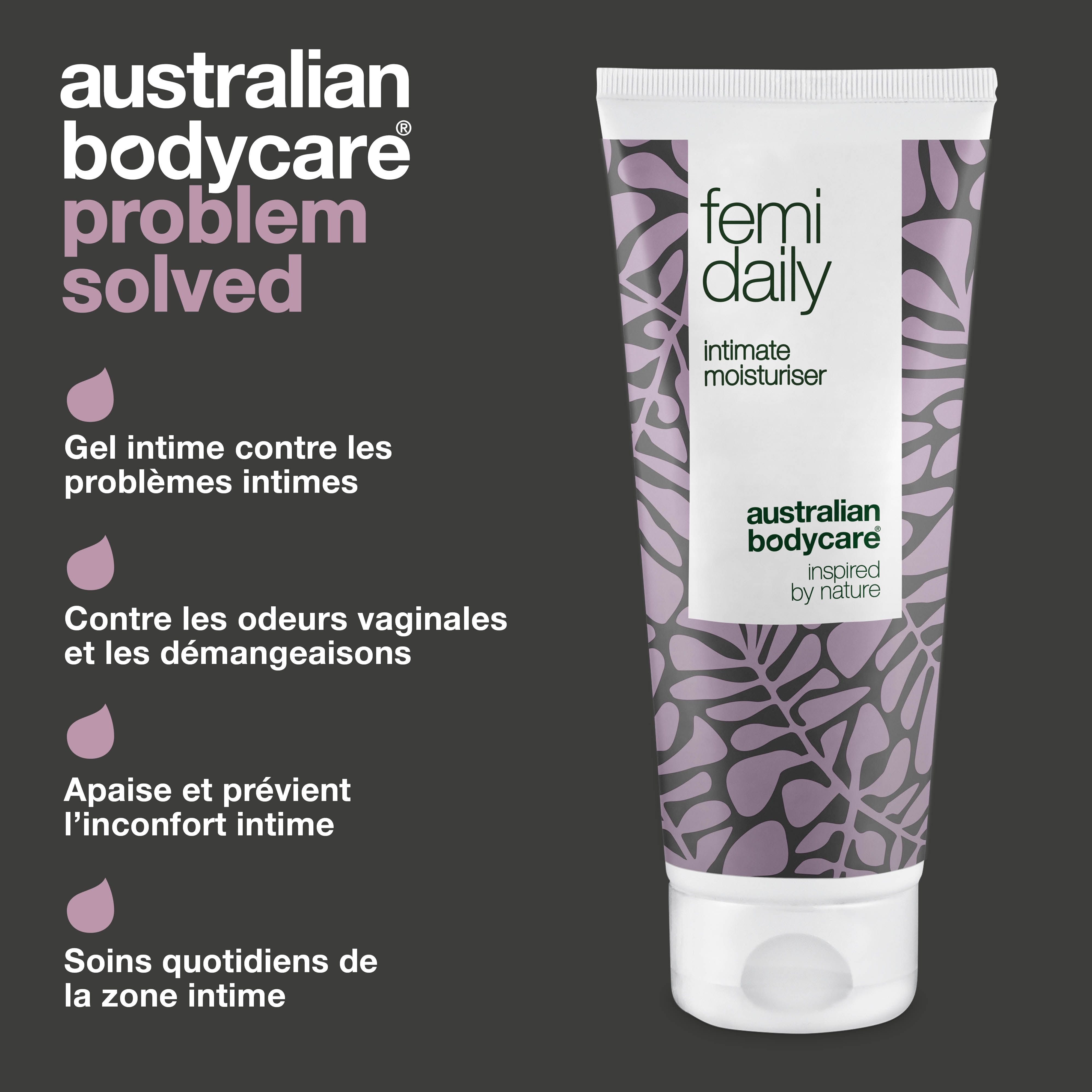 Problème résolu. Tube Femi Daily, Intimate Moisturiser, Australian Bodycare. Texte : Gel intime, contre les odeurs, etc.