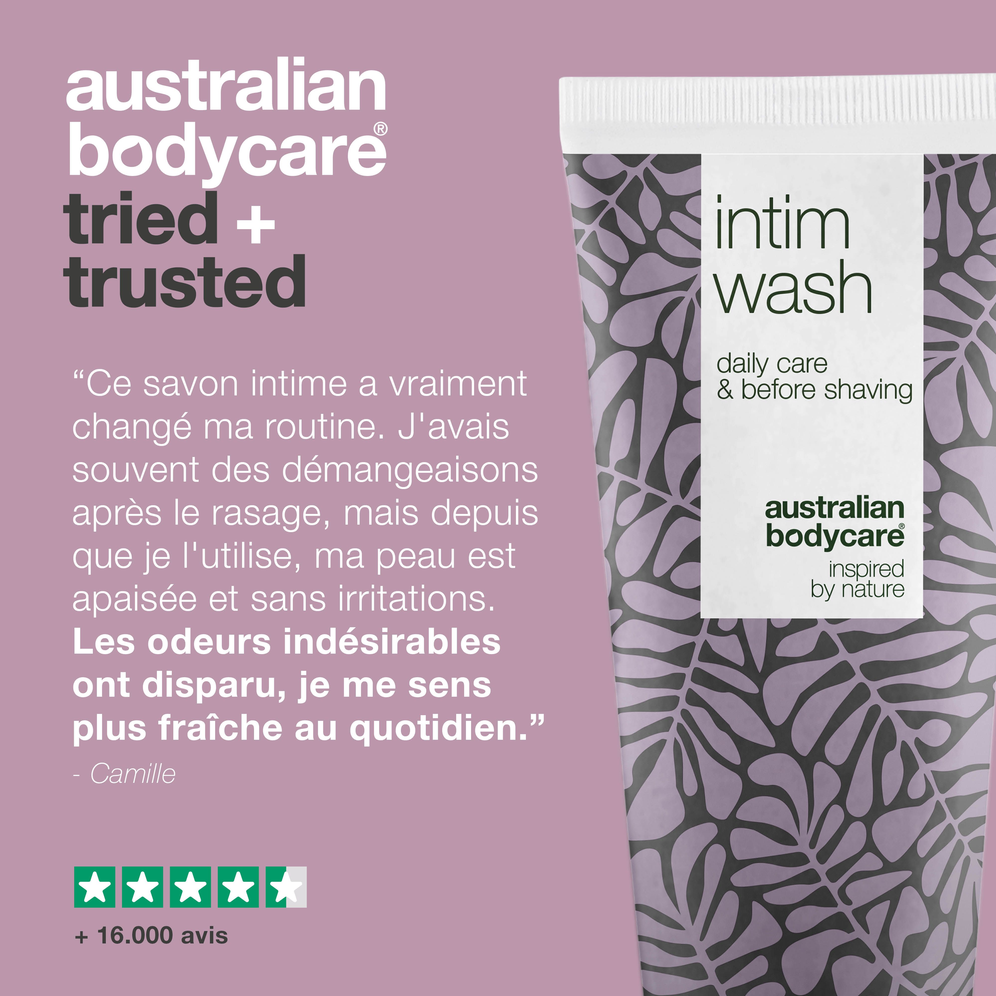 Tube avec inscription : Intim Wash, daily care & before shaving. Marque : Australian Bodycare. Citation et évaluation étoiles.