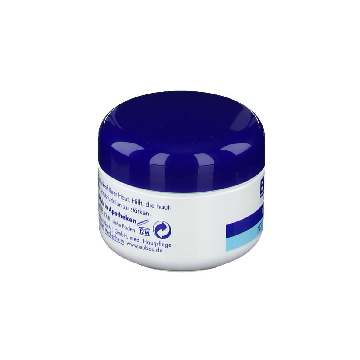 Creme-Dose mit blauem Deckel. Aufschrift: EUBOS. Text und Logo auf dem weißen Behälter. Apotheken-Hinweis.
