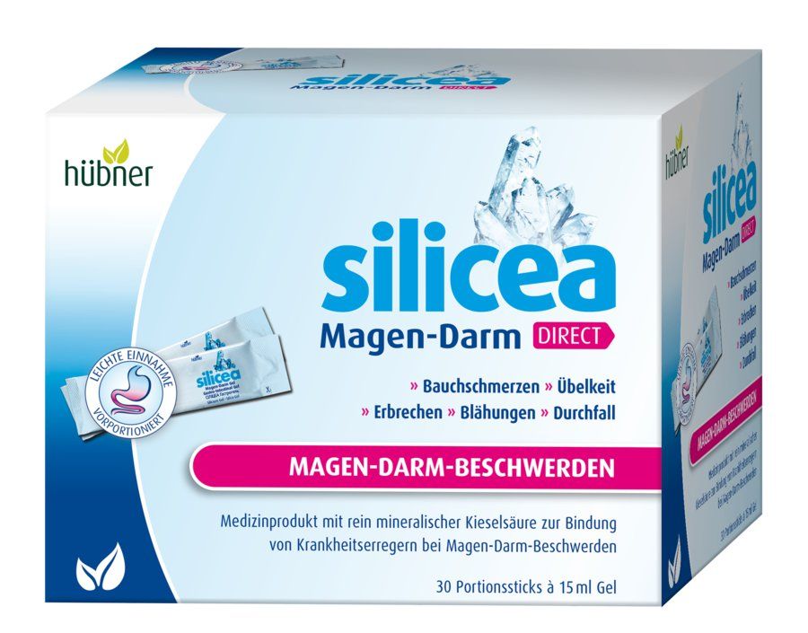 Boîte de Hübner Silicea Magen-Darm Direkt. Carton blanc avec nom et logo du produit. Sticks individuels visibles.