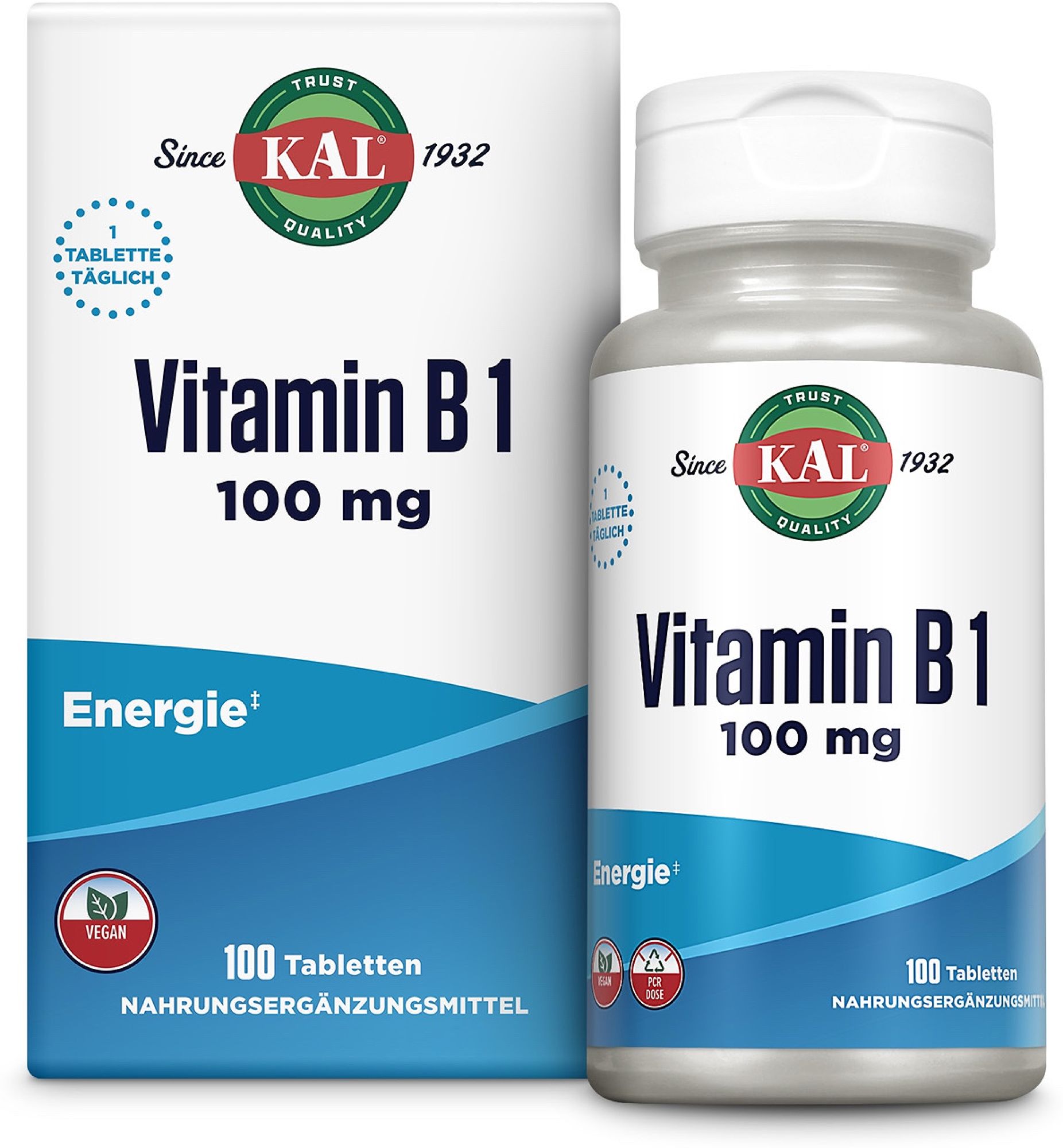 KAL Vitamine B1 100 mg complément alimentaire en flacon et boîte.