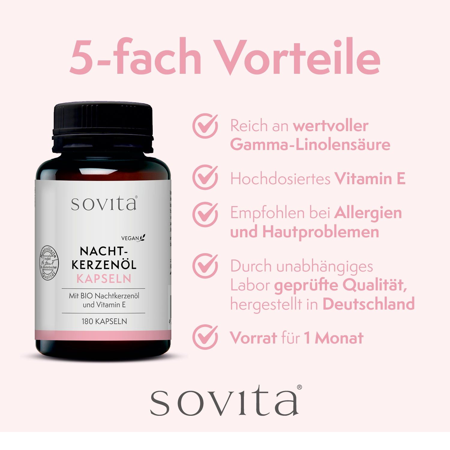 Gélules brunes dans un flacon noir. Inscription : sovita, Capsules d'huile d'onagre, 180 gélules. 5 avantages : acide gamma-linolénique, vitamine E, allergies, testé en laboratoire, 1 mois d'approvisionnement.