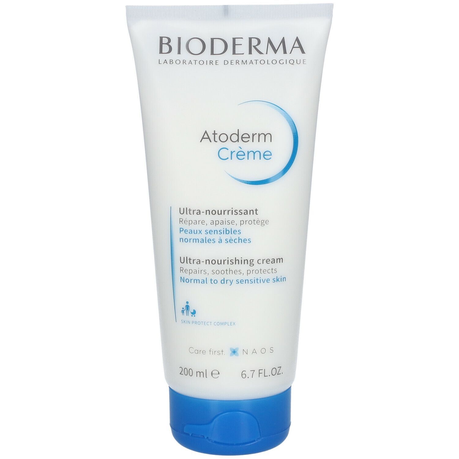 Tube BIODERMA Atoderm Crème. Blanc avec bouchon bleu. 200 ml. Texte: Ultra-nourrissant.