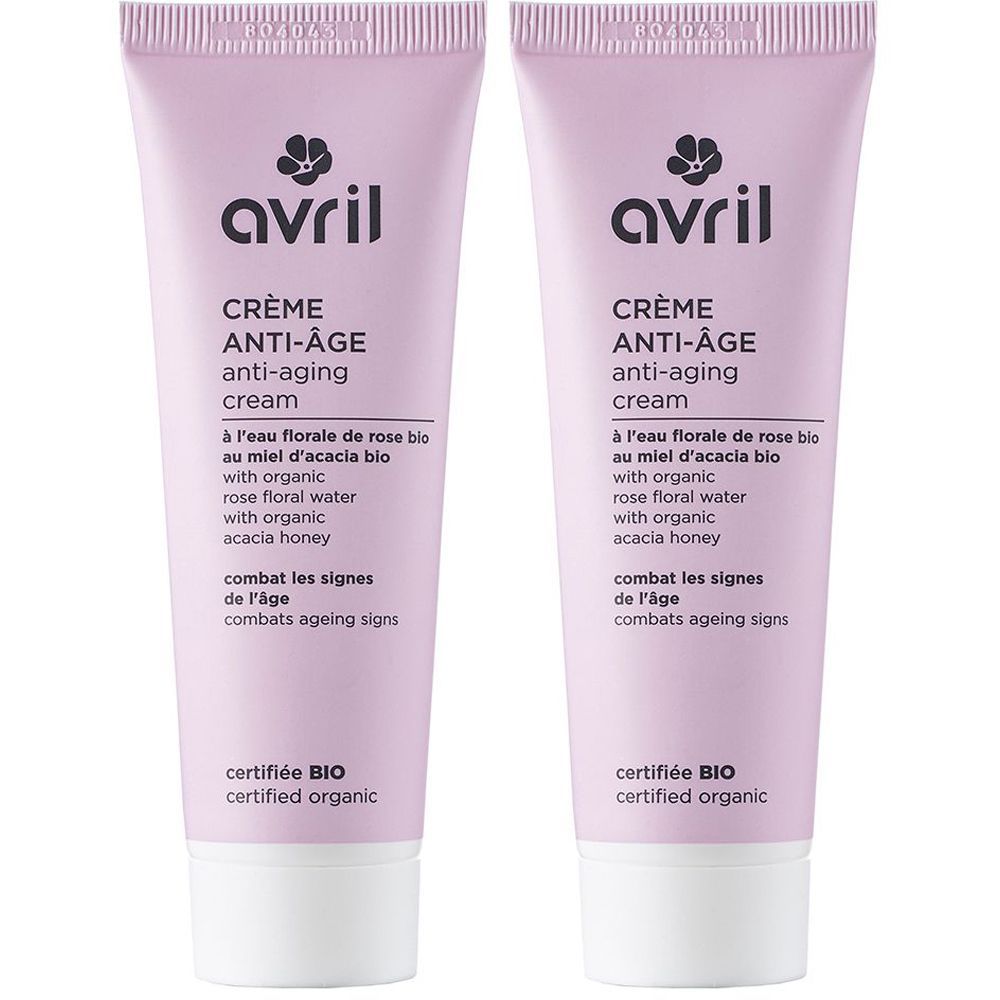 Zwei rosa Tuben mit weißem Verschluss. Aufschrift: Avril, Crème Anti-Âge, zertifiziert BIO.