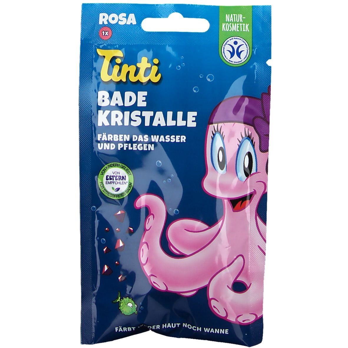 Sachet de cristaux de bain Tinti Rosa. Illustration d'une pieuvre rose. Texte : "Cristaux de bain", "Colore l'eau et prend soin". Label cosmétique naturelle.