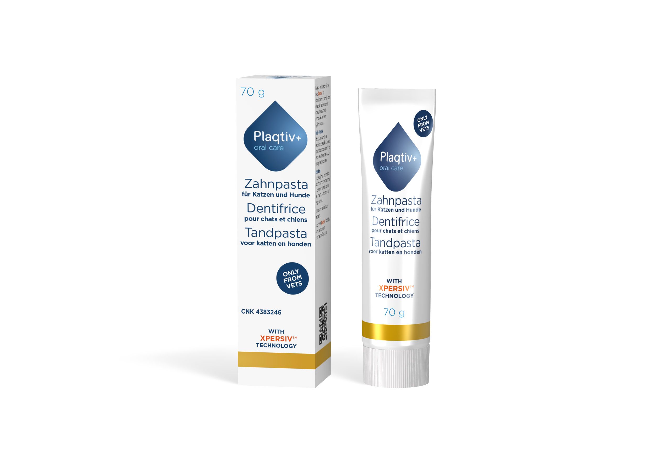 Zahnpasta-Tube und -Verpackung. Aufschrift: Plaqtiv+, Zahnpasta für Hunde & Katzen, Dentifrice, Tandpasta. Mit Xpersiv-Technologie.