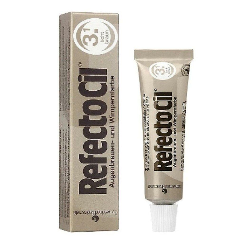 Refectocil 3.1 lichtbraun, Augenbrauen- und Wimpernfarbe. Tube und Verpackung. Braune Schrift auf hellbraunem Hintergrund.
