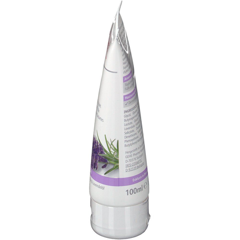 Fußcreme-Tube, Lavendel-Illustration, Inhaltsstoffe und 100ml-Angabe. Weiß-lila Farbgebung.
