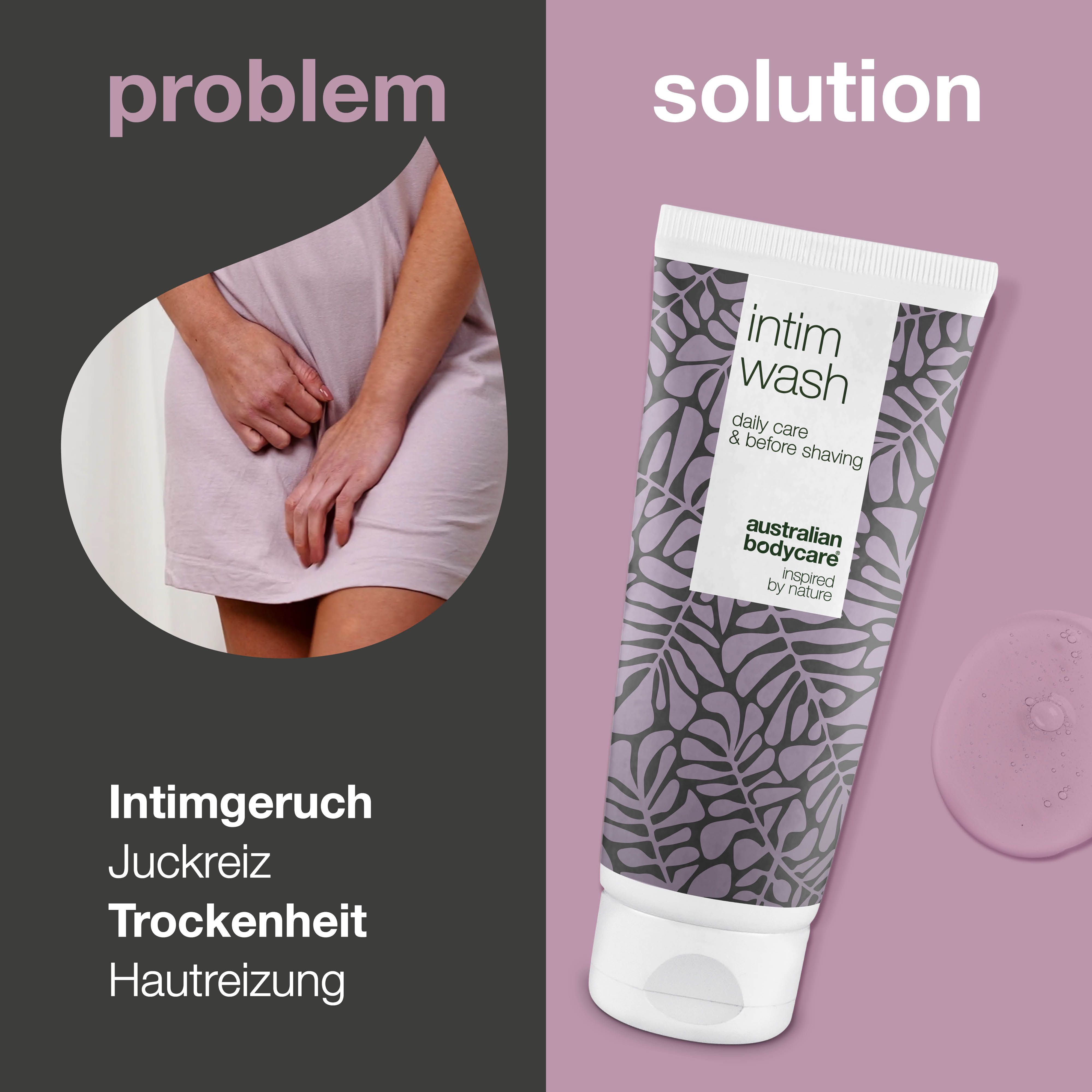 Tube mit Aufschrift: Intim Wash, daily care & before shaving. Marke: Australian Bodycare. Problem: Vaginalgeruch, Juckreiz.