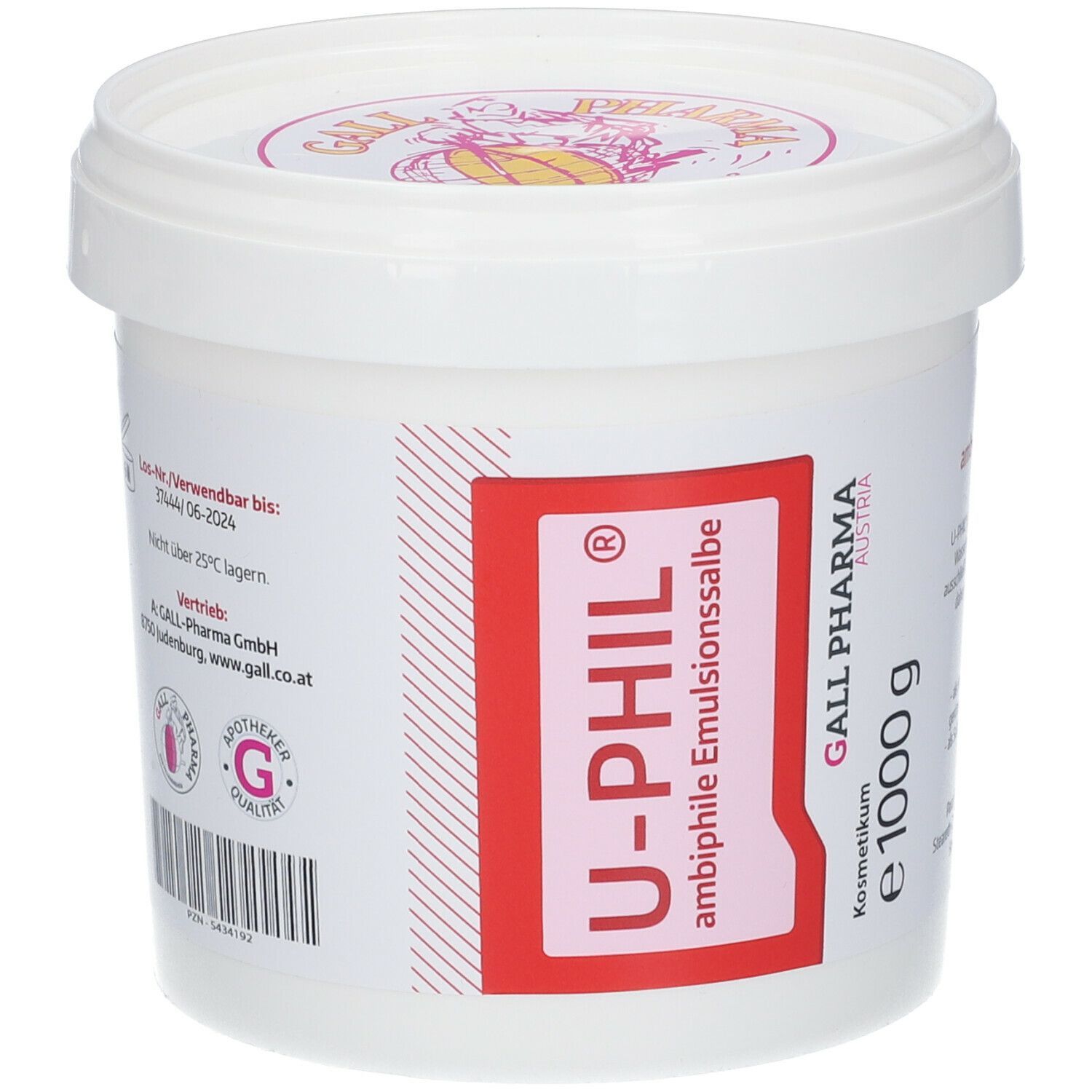 Weißer Tiegel mit Deckel. Rotes Etikett mit "U-PHIL® ambiphile Emulsionssalbe" und "e 1000 g". Apotheken-Qualitätssiegel.