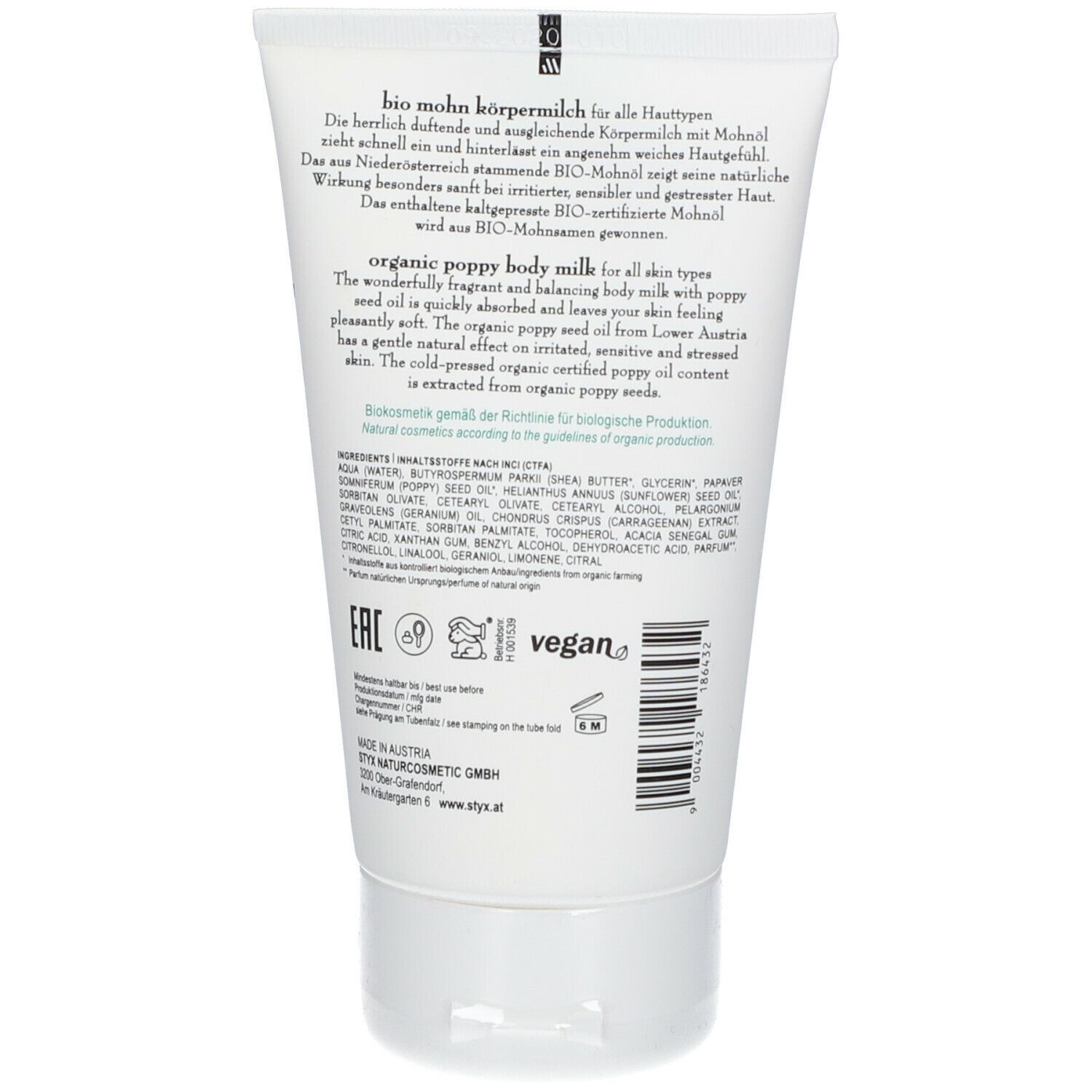 Rückseite der Tube mit Text: bio mohn körpermilch, organic poppy body milk. Inhaltsstoffe, vegan-Siegel, EAN-Code und STYX-Logo.