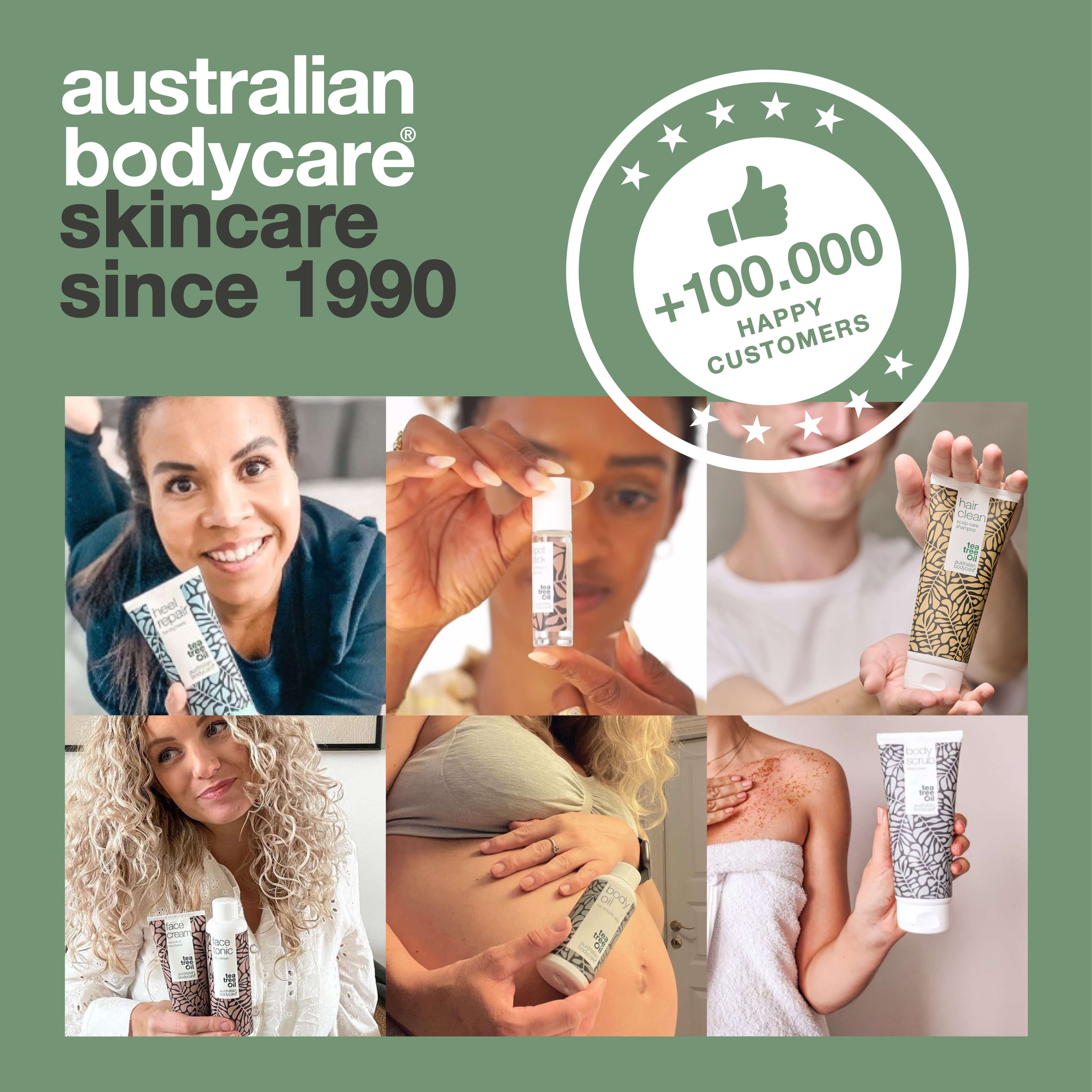 Collage mit Menschen und Produkten. Logo: Australian Bodycare. Produkte: Flaschen, Tuben, Cremes.