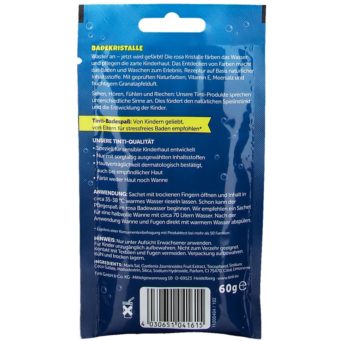 Dos du sachet de cristaux de bain Tinti. Texte : "Cristaux de bain", ingrédients, instructions d'utilisation. Contient un label "Recommandé par les parents".