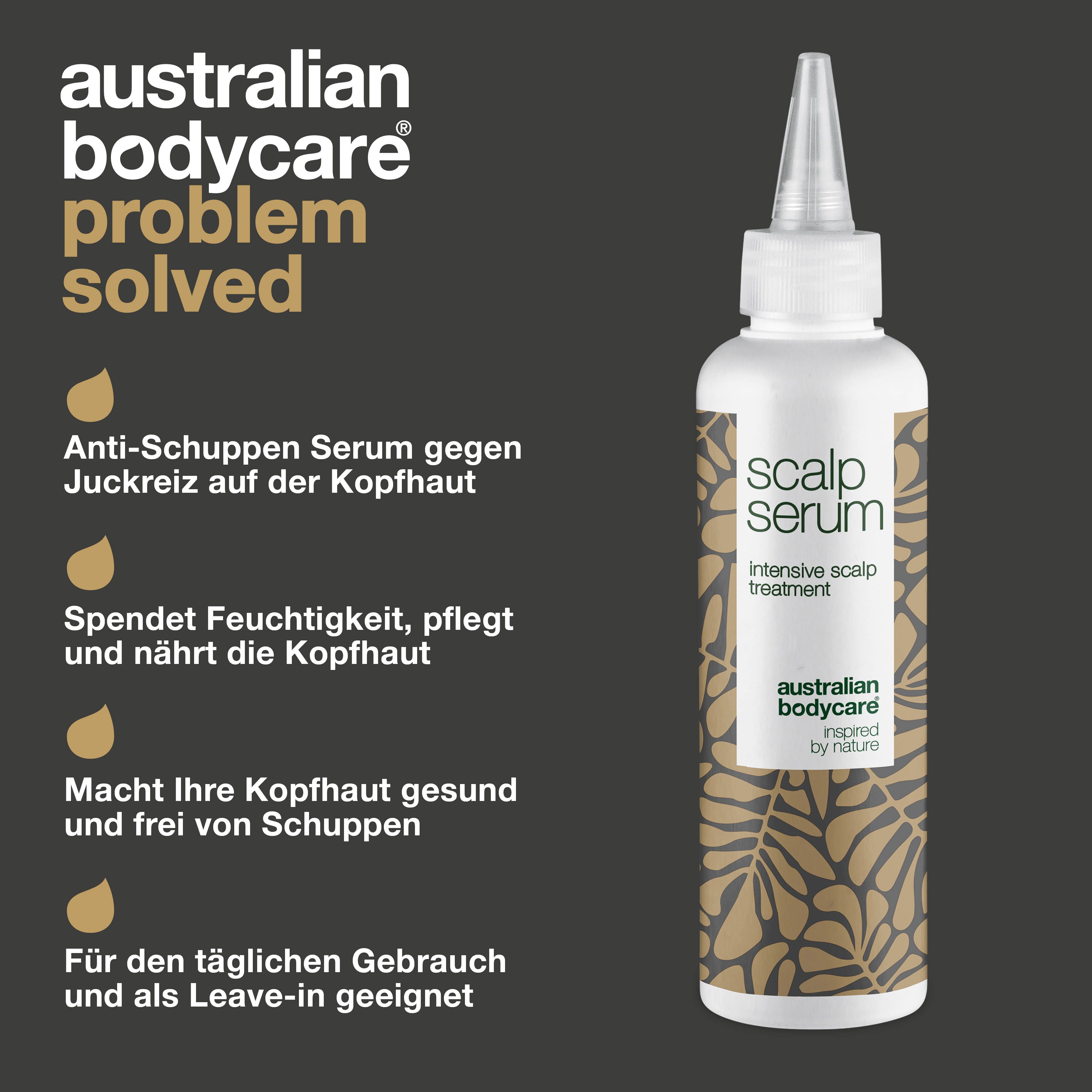 Kopfhautserum-Flasche. Text: Lösung für Kopfhautprobleme. Produktmerkmale.