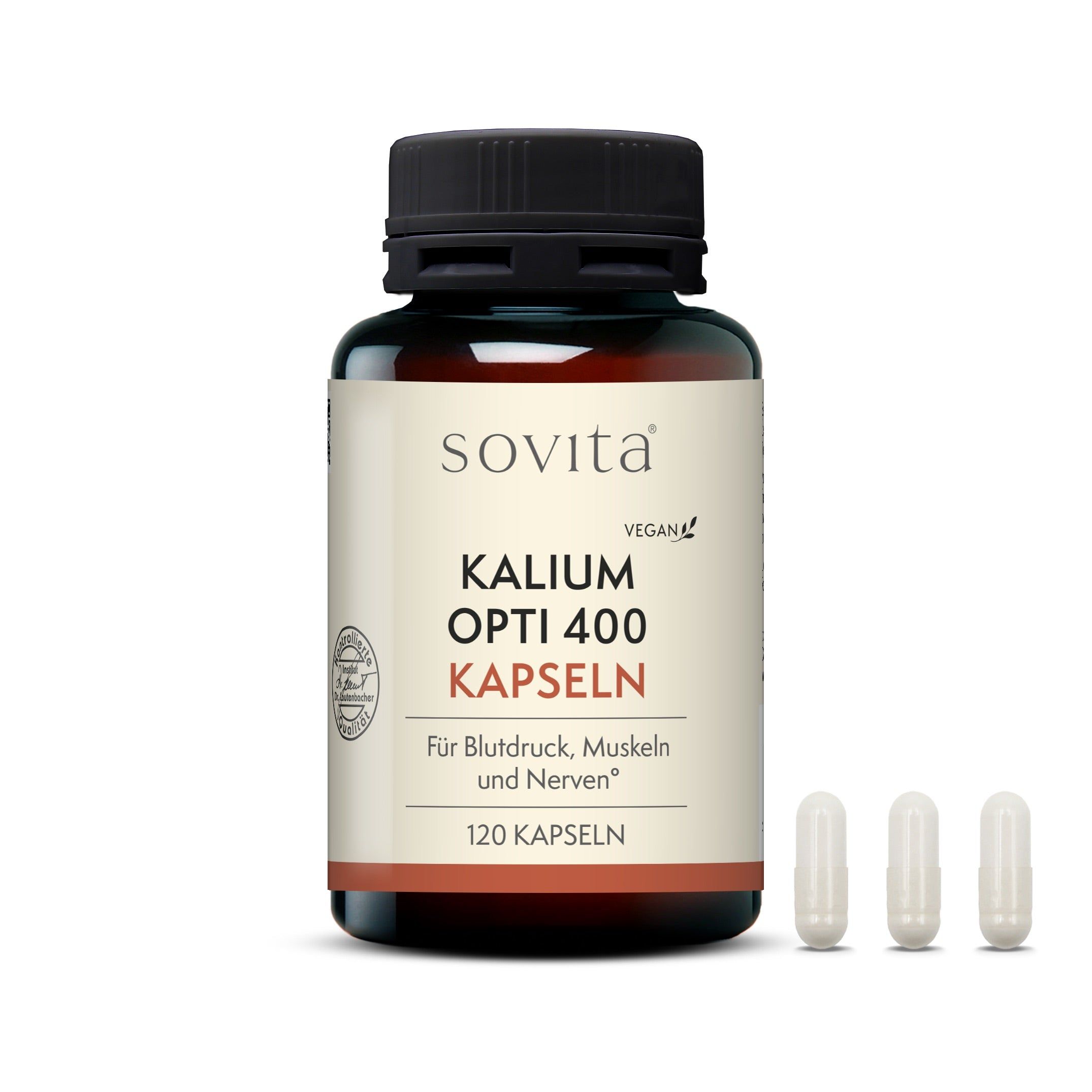 Braune Glasflasche mit sovita Kalium Opti 400 Kapseln und 3 Kapseln. Text: Für Blutdruck, Muskeln und Nerven. 120 Kapseln.