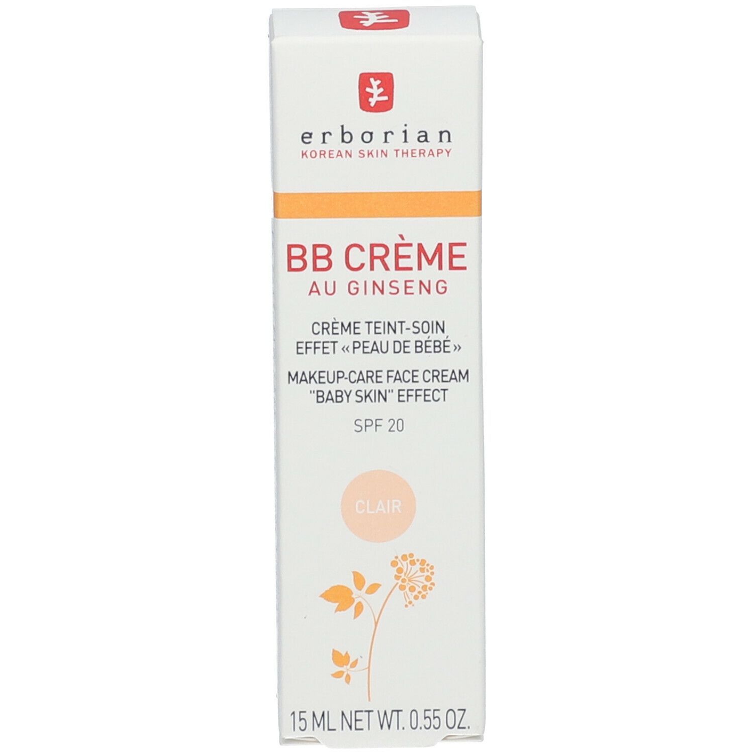 Weiße Schachtel. Aufschrift: BB Crème au Ginseng, Clair, SPF 20. 15 ml.