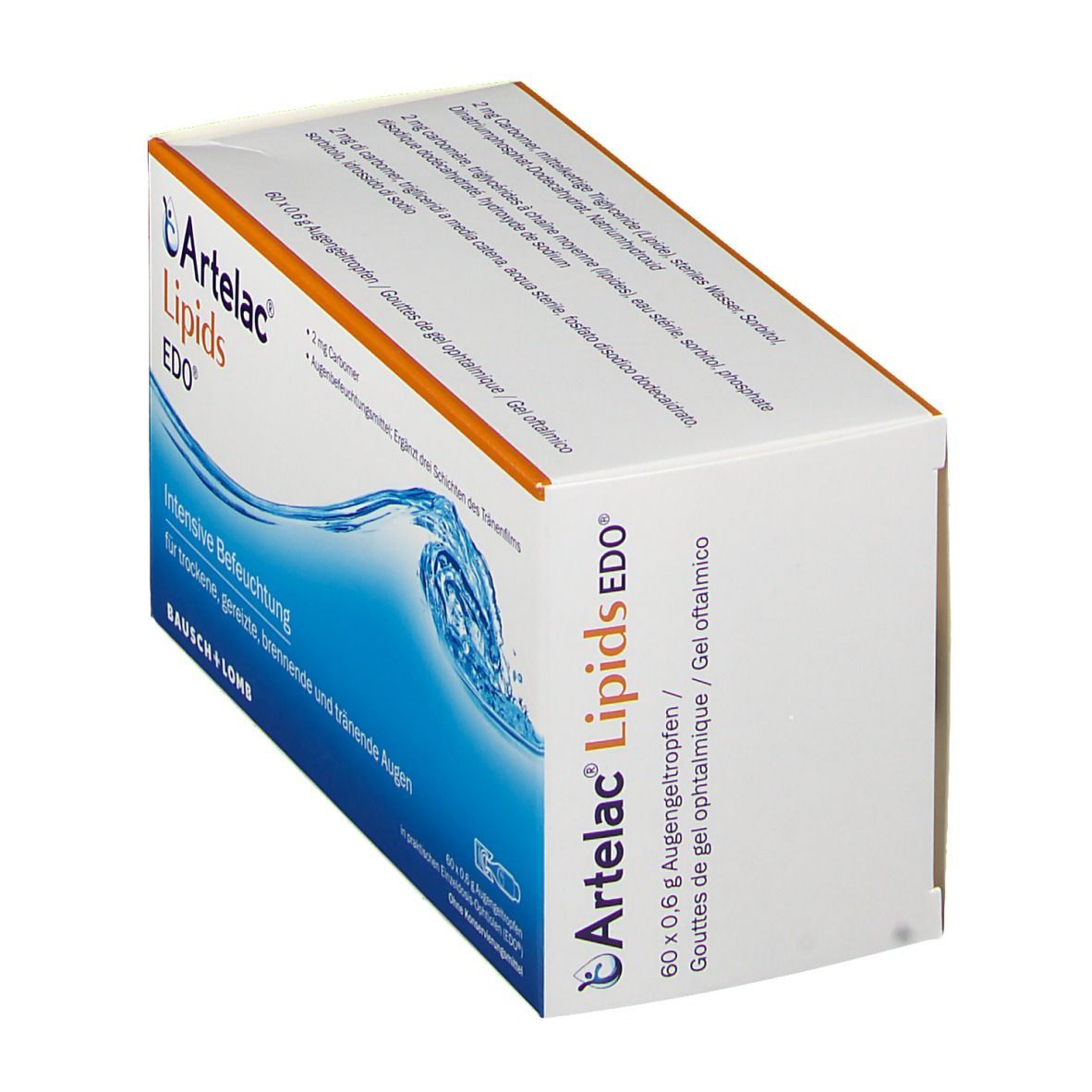 Boîte de gel ophtalmique Artelac Lipids EDO®. Carton blanc avec vague bleue et nom du produit. Accent orange.