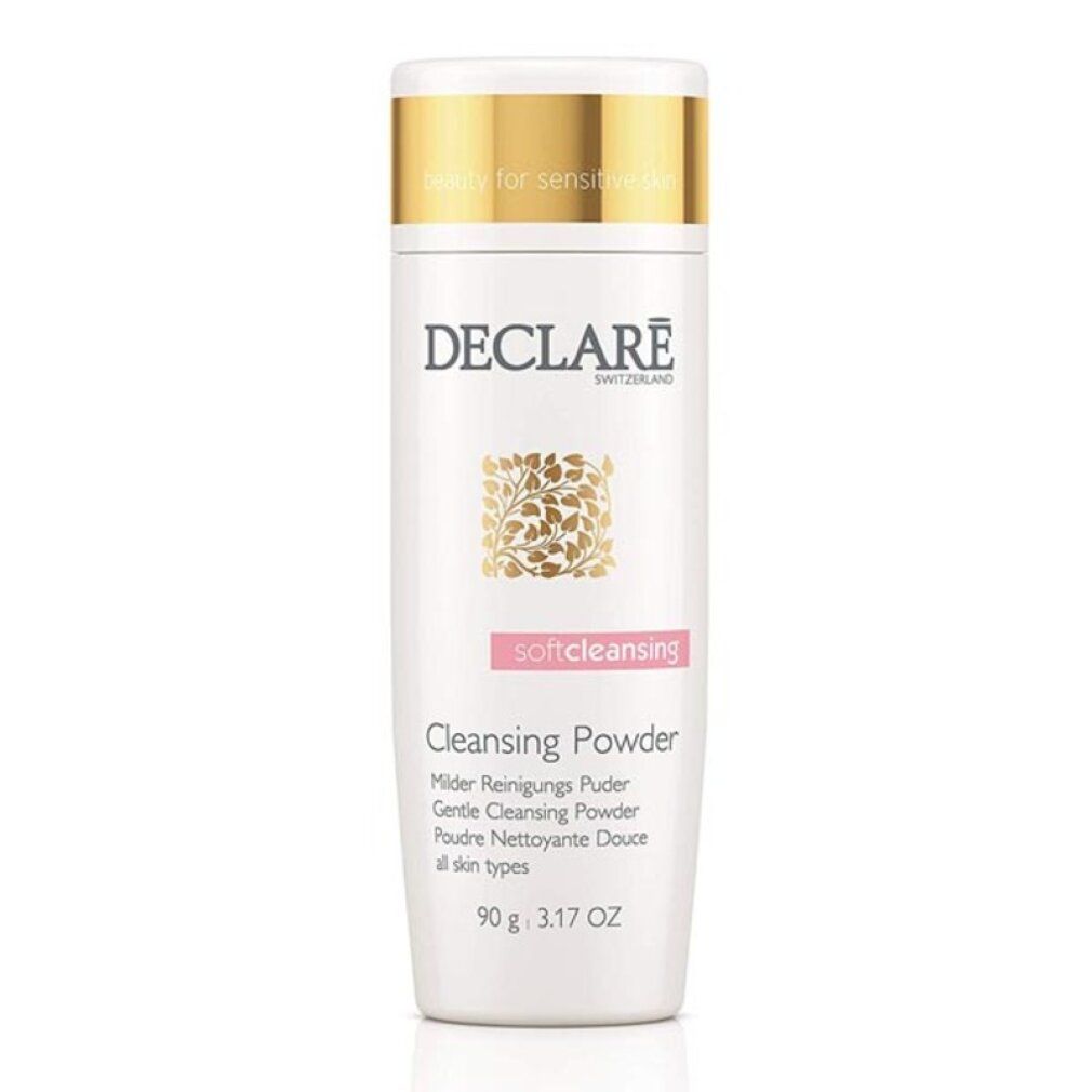 DECLARÉ Soft Cleansing Puder. Weißes Produkt, Logo, Produktname, Informationen. Flasche mit Deckel.