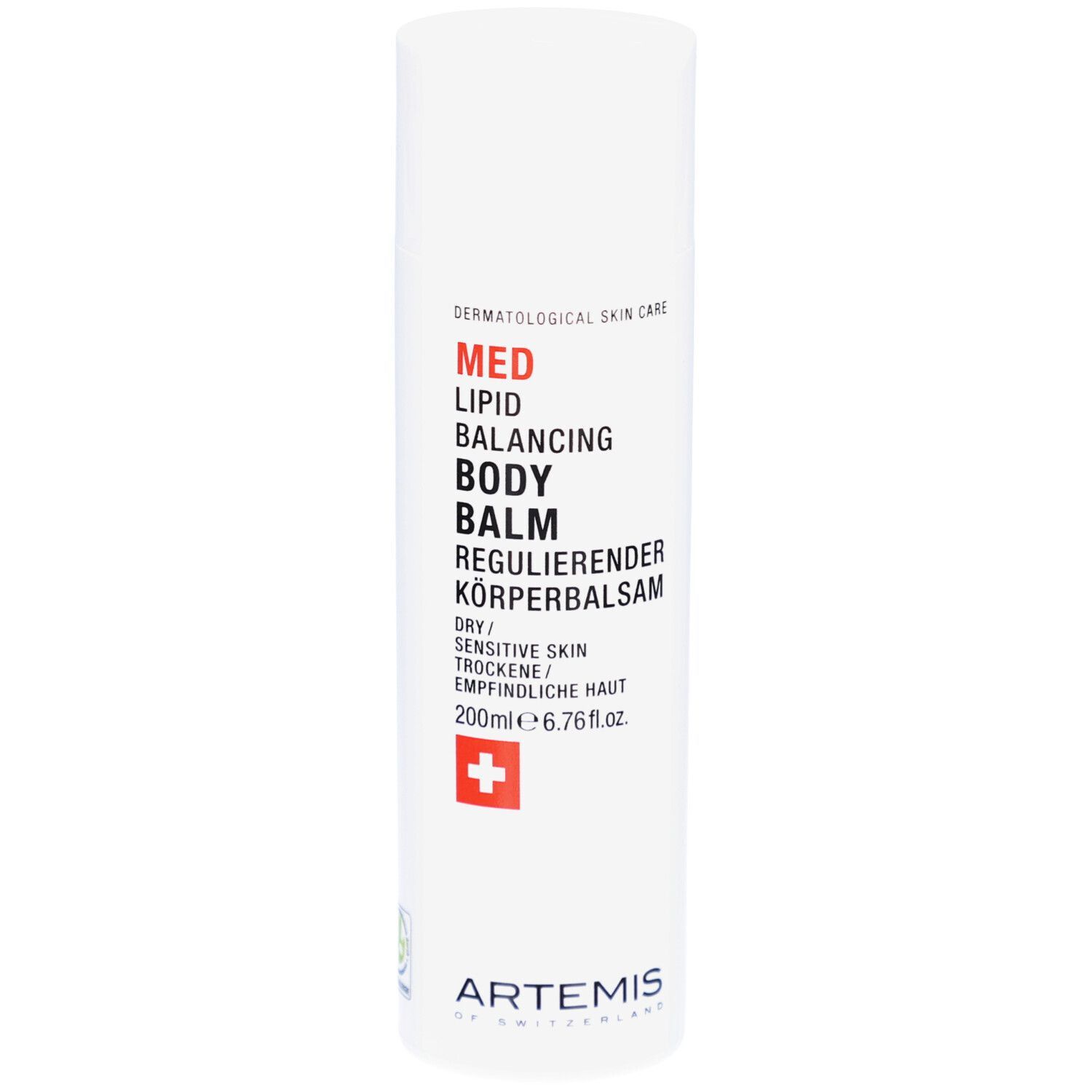 Flacon blanc avec texte rouge et noir. MED Lipid Balancing Body Balm. Croix suisse. 200ml.