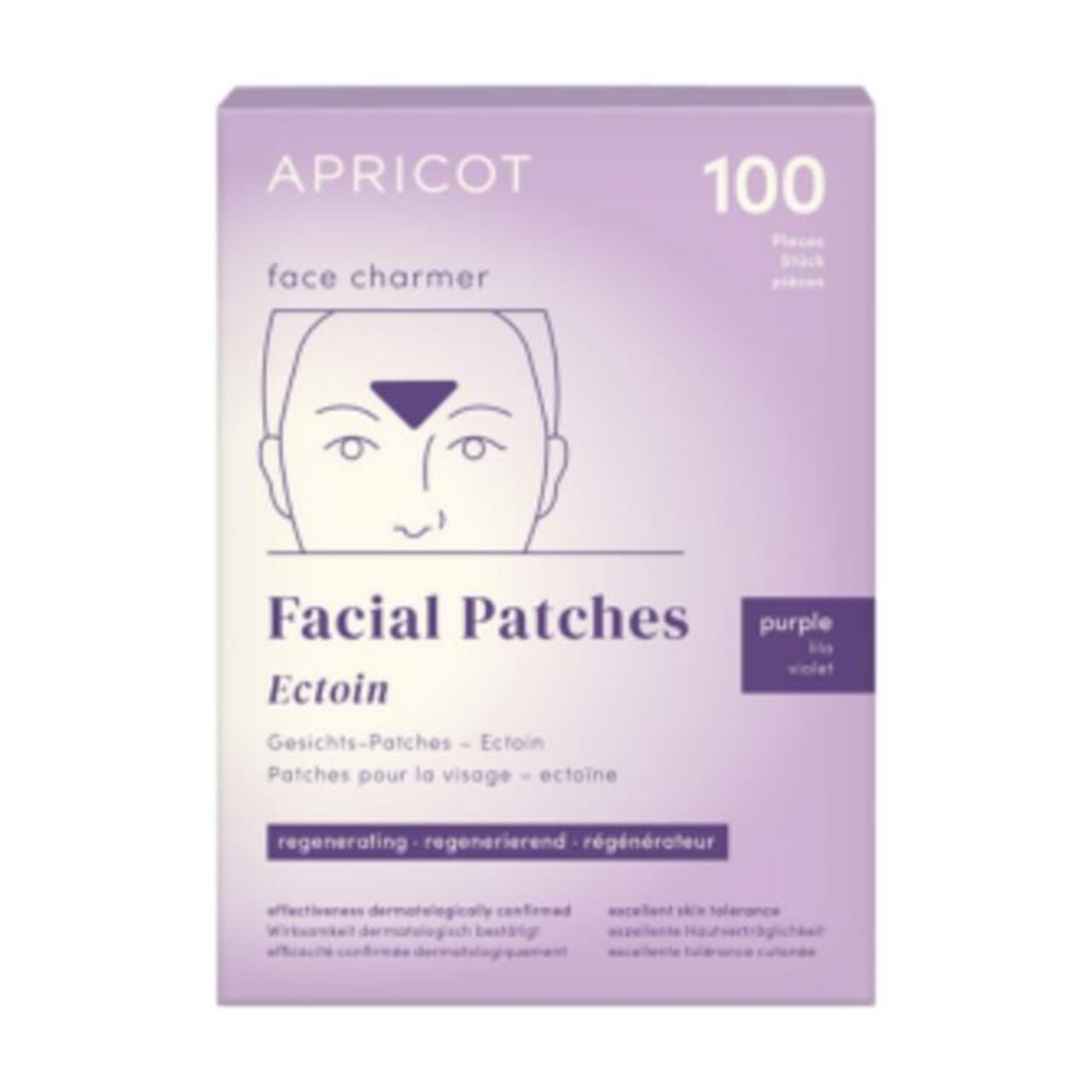 Lila Schachtel mit "APRICOT face charmer" und "Facial Patches Ectoin". 100 Stück.