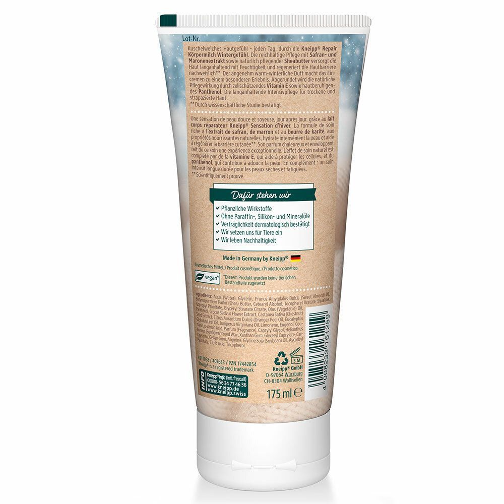Rückseite der Kneipp Repair Körpermilch Wintergefühl Tube. Text mit Inhaltsstoffen, Herstellerinformationen und Nachhaltigkeitssymbolen.