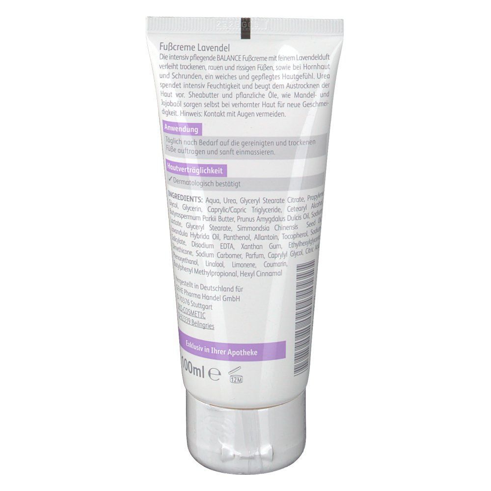 Fußcreme-Tube, Rückseite mit Text. Inhaltsstoffe, Anwendungshinweise und Herstellerangaben. Weiß-lila Farbgebung.