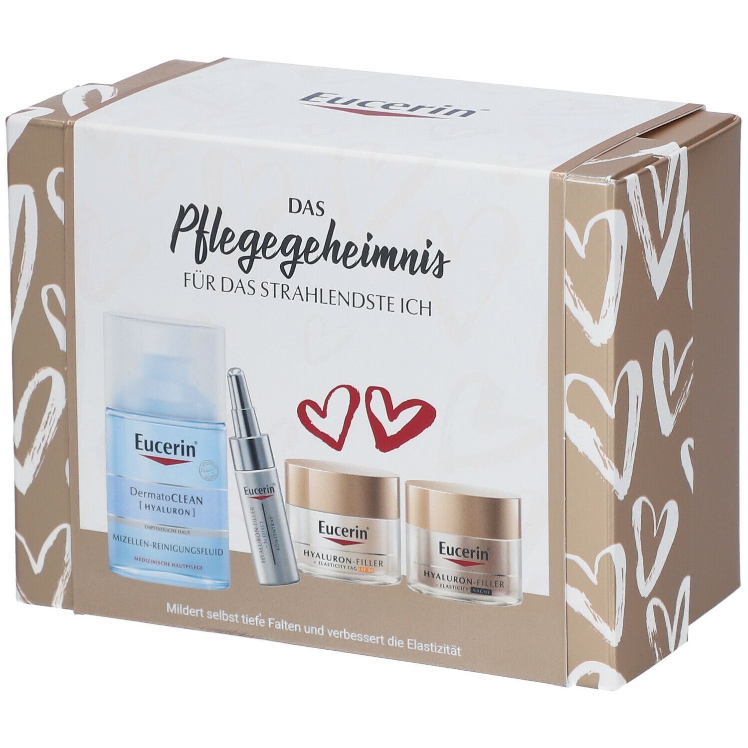 Coffret cadeau Eucerin avec bouteille, sérum et crèmes. Inscription: Le secret de soin. Produits sur fond crème.