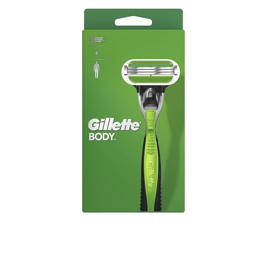 Grüne Verpackung mit Rasierer. Gillette Body Rasierer mit grünem Griff und silbernem Scherkopf. 3 Klingen.