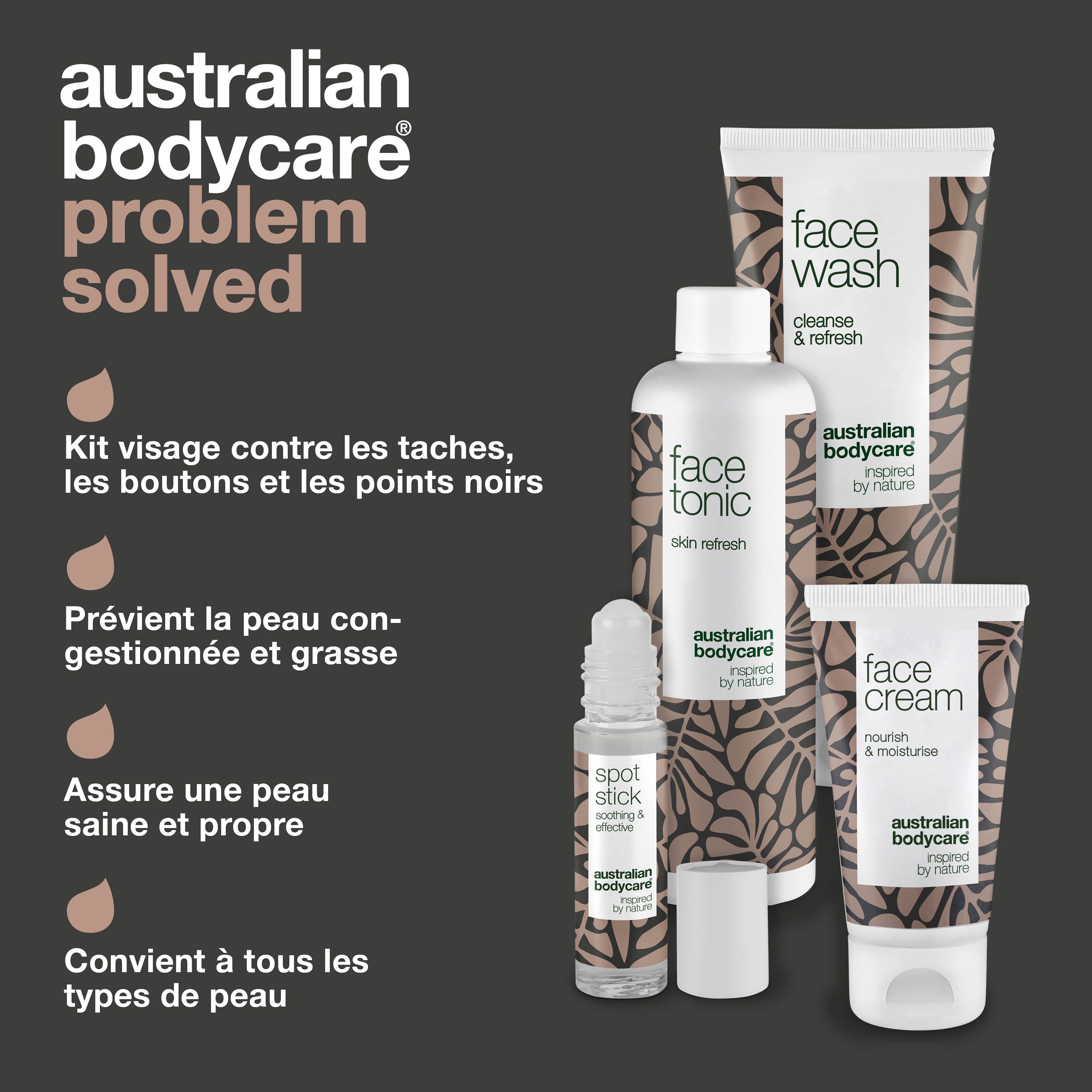 Ensemble Face Wash, Face Tonic, Face Cream et Spot Stick. Texte: Kit visage contre les taches, les boutons et les points noirs. Australian Bodycare.