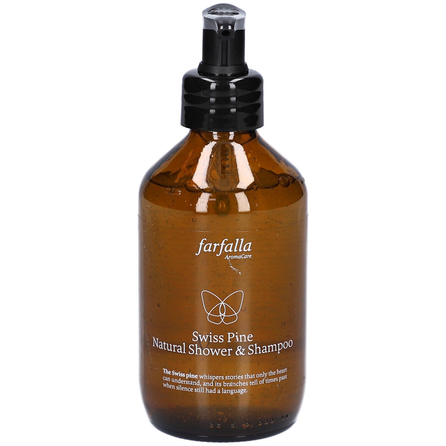 Braune Flasche mit schwarzem Pumpkopf. Beschriftung: Farfalla, Swiss Pine Natural Shower & Shampoo.