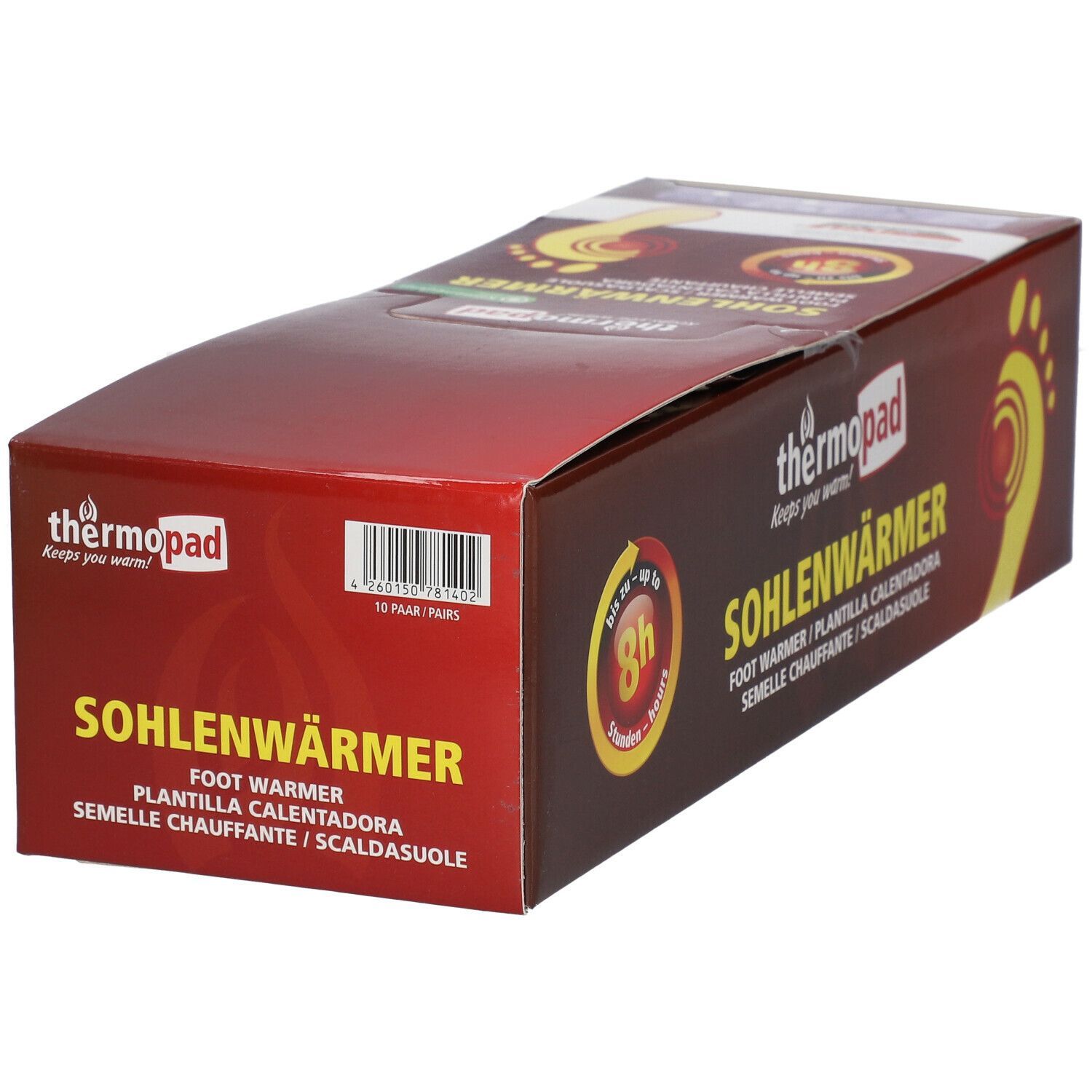 Braune Verpackung mit thermopad® Sohlenwärmer. Aufdruck: Sohlenwärmer, 10 Paar, 8h Wärme. Logo und Produktbezeichnung.