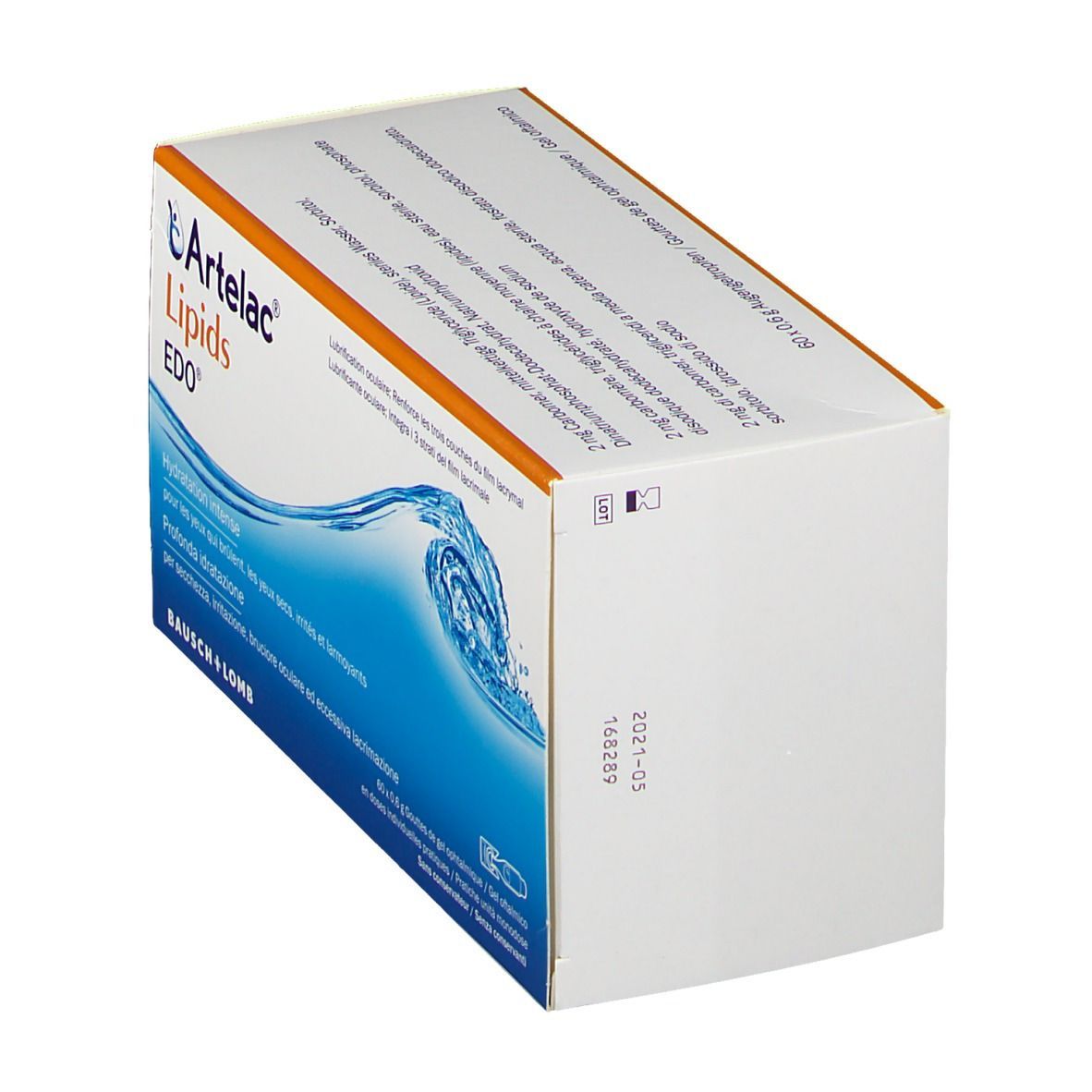 Boîte de gel ophtalmique Artelac Lipids EDO®. Carton blanc avec vague bleue et nom du produit. Accent orange.